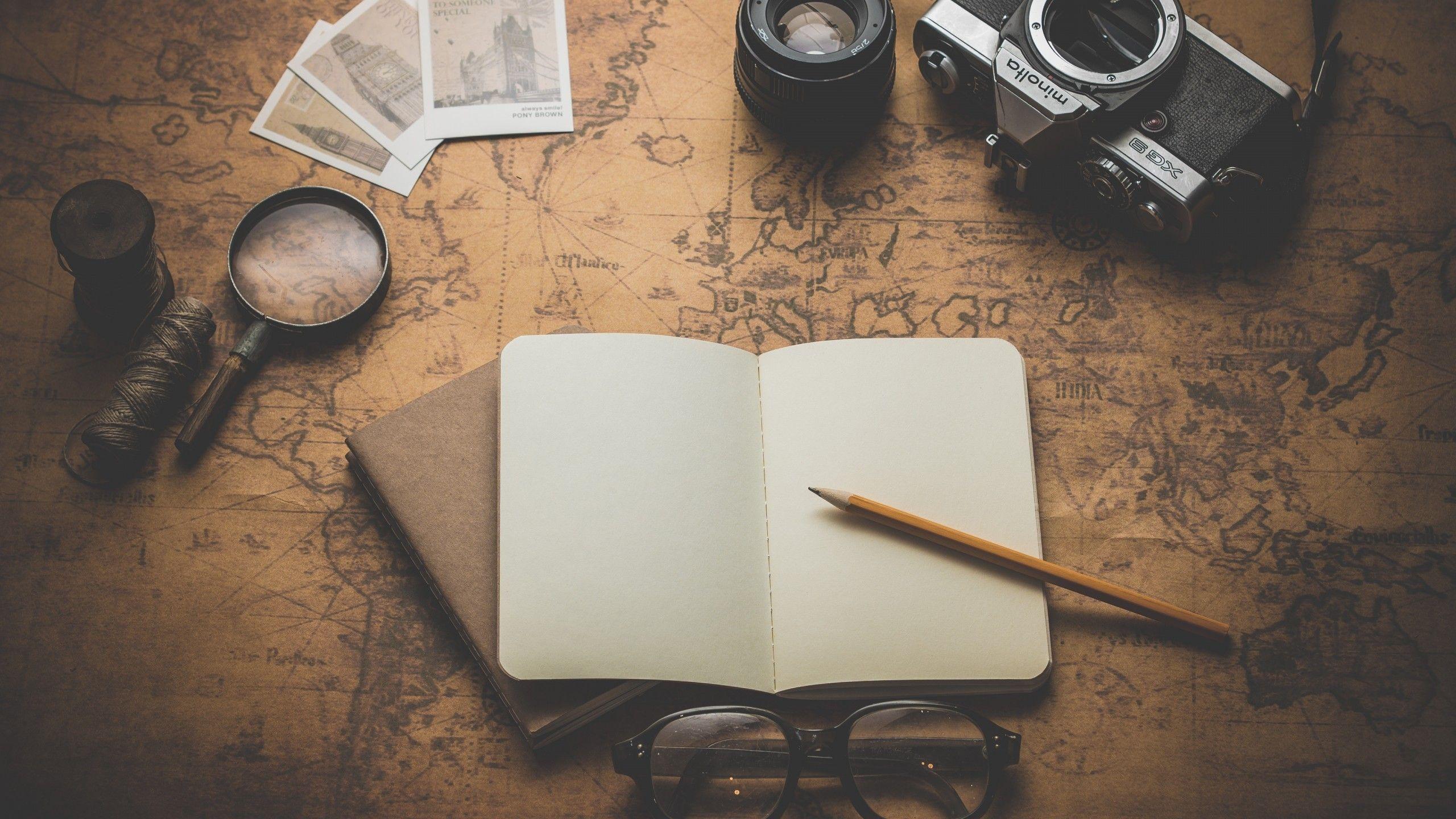 2560x1440 Camera, Notebook, Glasses Wallpaper .