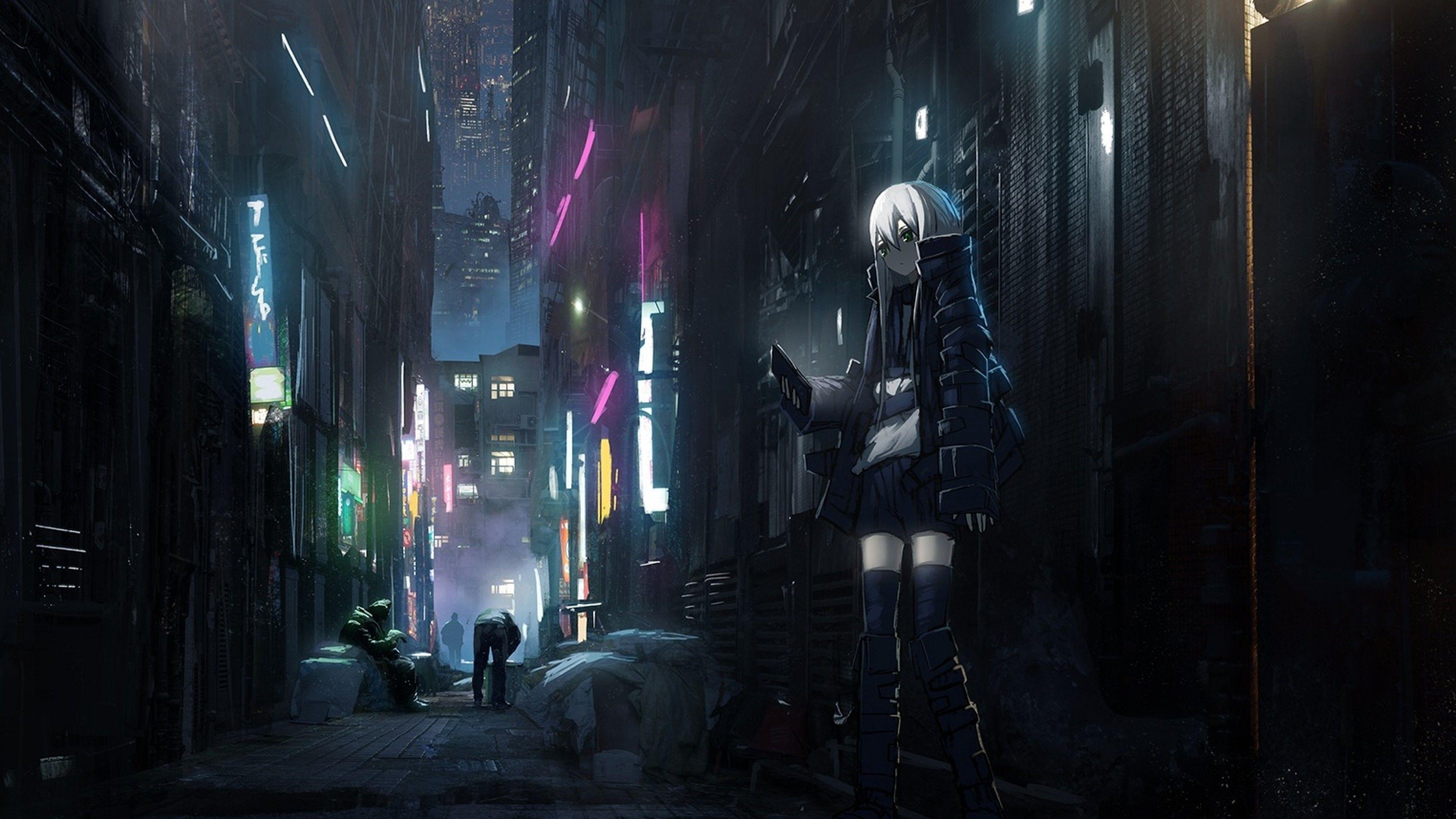 3840x2160 Anime Dark City, Skyscrapers, Back Streets, Girl, People, Street Background Anime HD Wallpaper