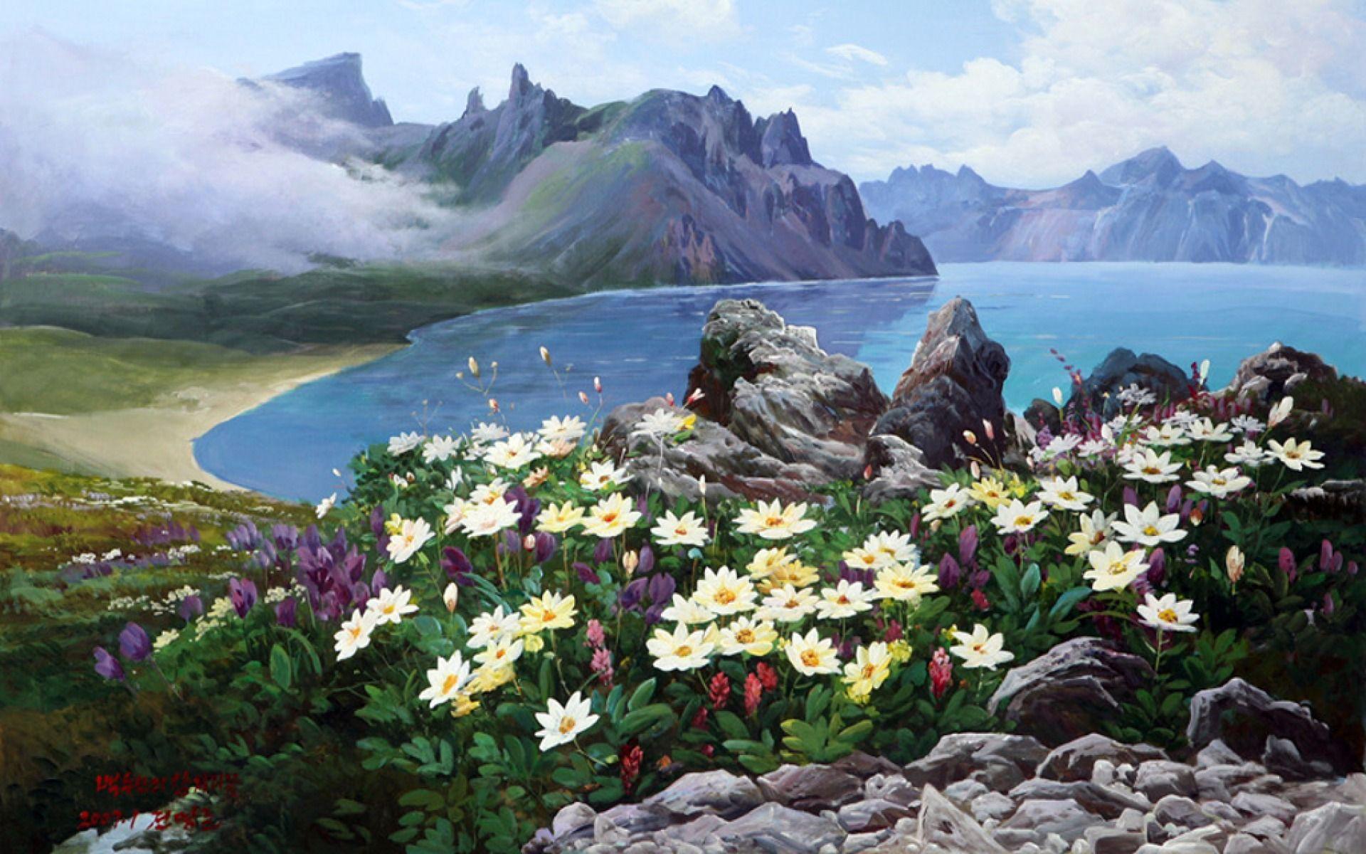 1920x1200 Mountain Lake White Flowers wallpaper. Mountain Lake White Flowers