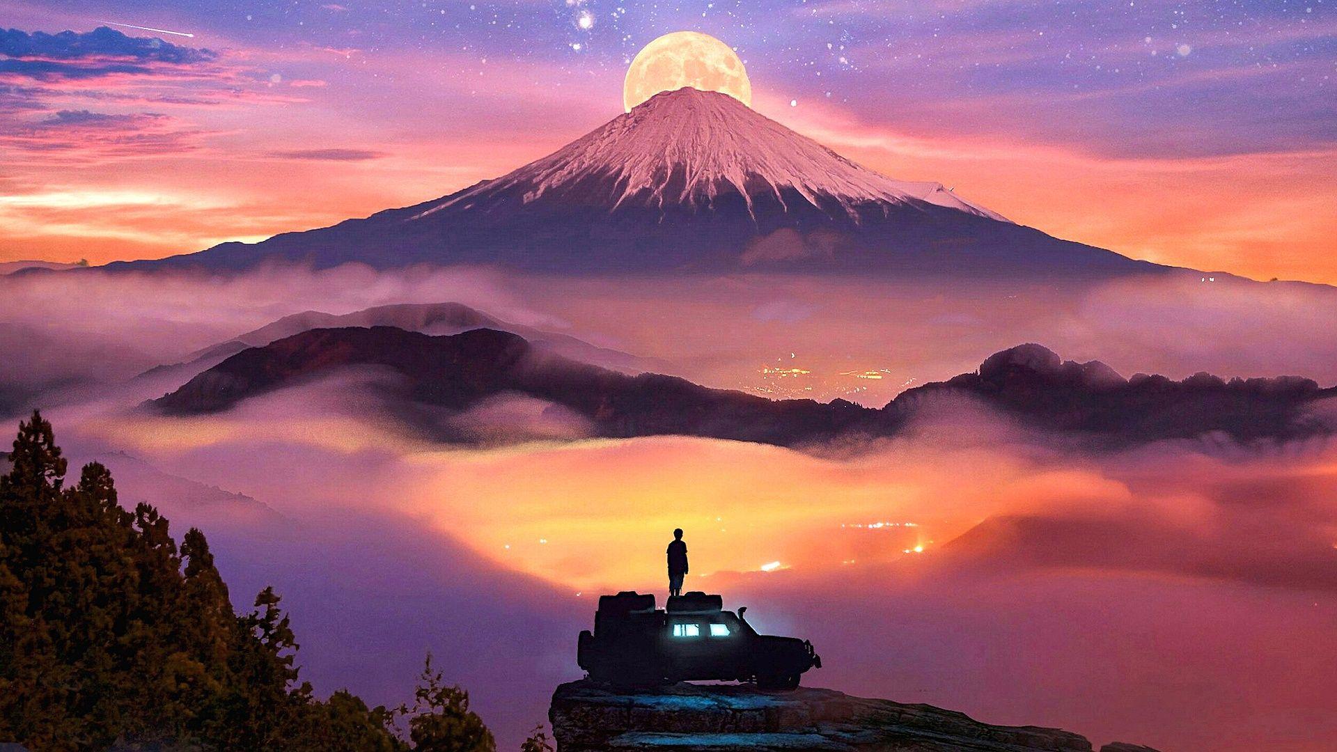 1920x1080 Watching Moon Rising Over Mountain .