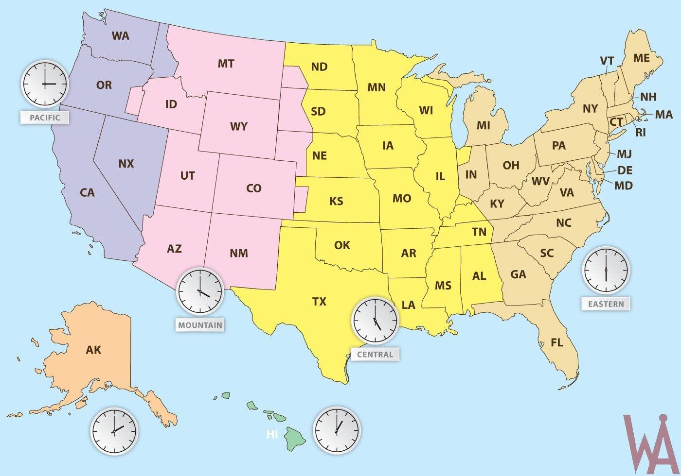 Free printable us time zone map with state names - bannermine