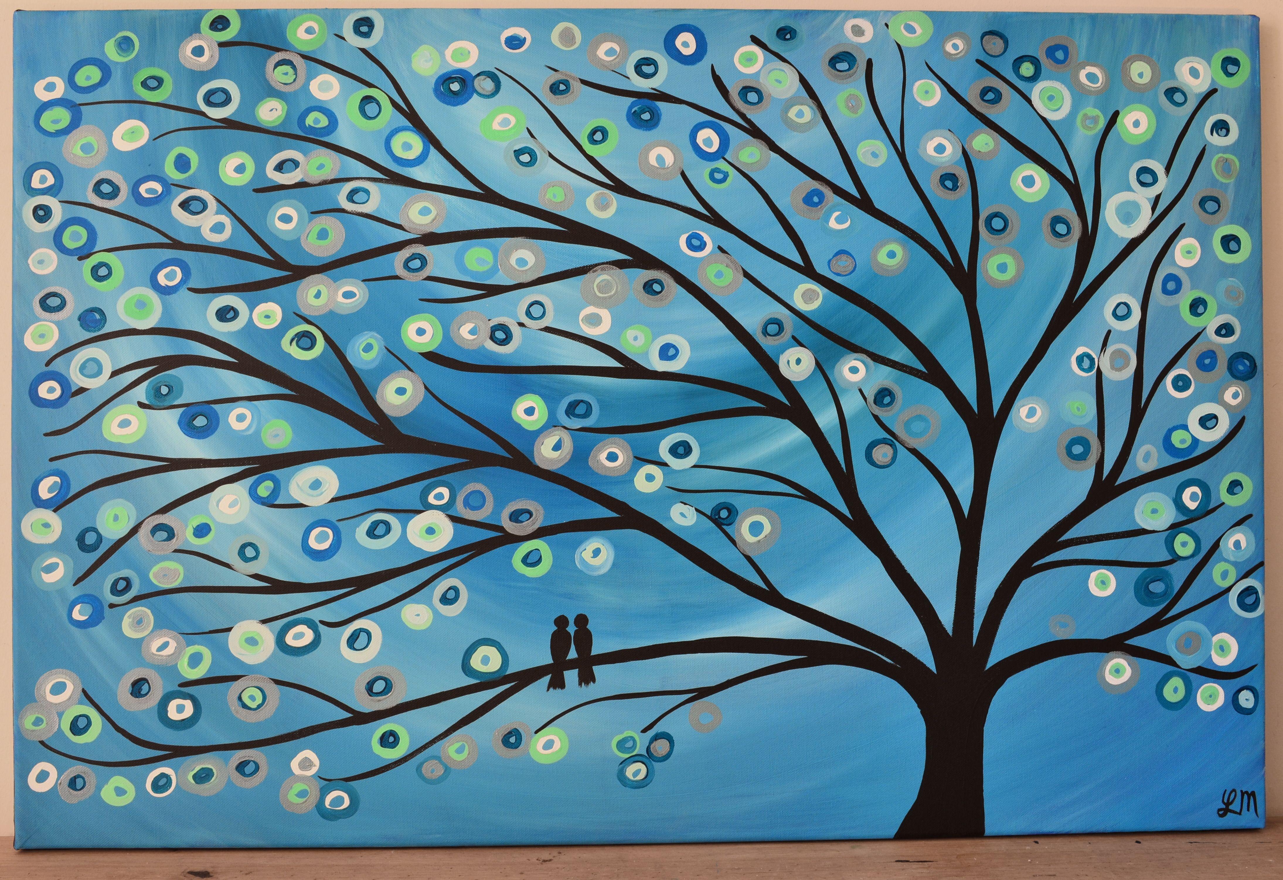 4378x3004 A Abstract Turquoise Teal Silver Two Birds In Tree Painting