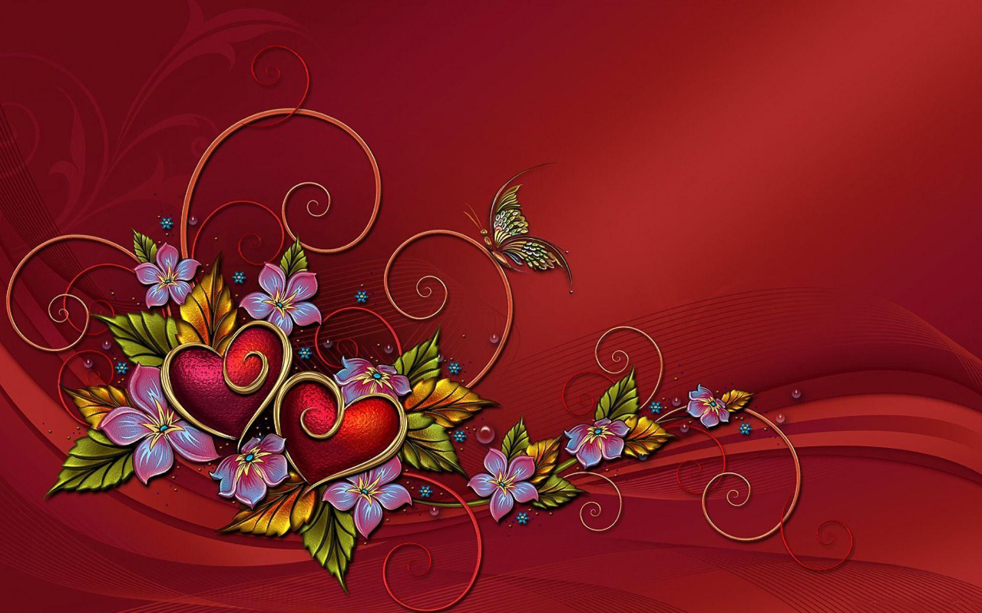 1920x1200 Two Hearts Flowers Butterfly desktop PC and Mac wallpaper
