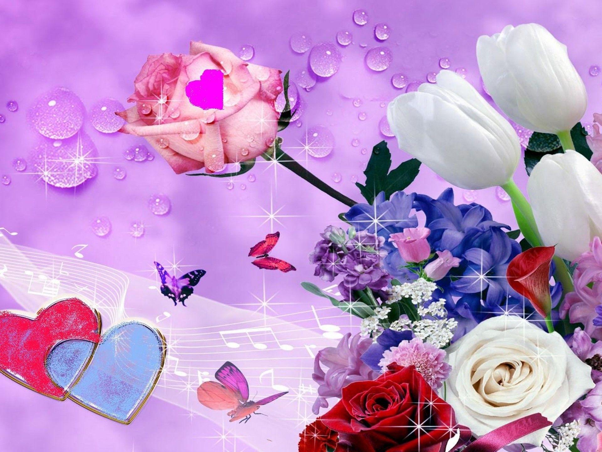 1920x1440 Pink Rose, White Tulips, Butterflies, Hearts HD Wallpaper 983524 :