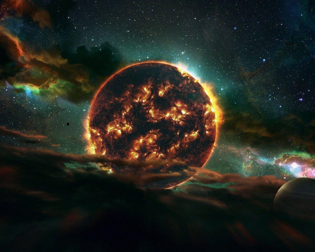 1280x1024 Download 1280x1024 Earth Collapse, World In Fire, Nebula, Stars Wallpaper