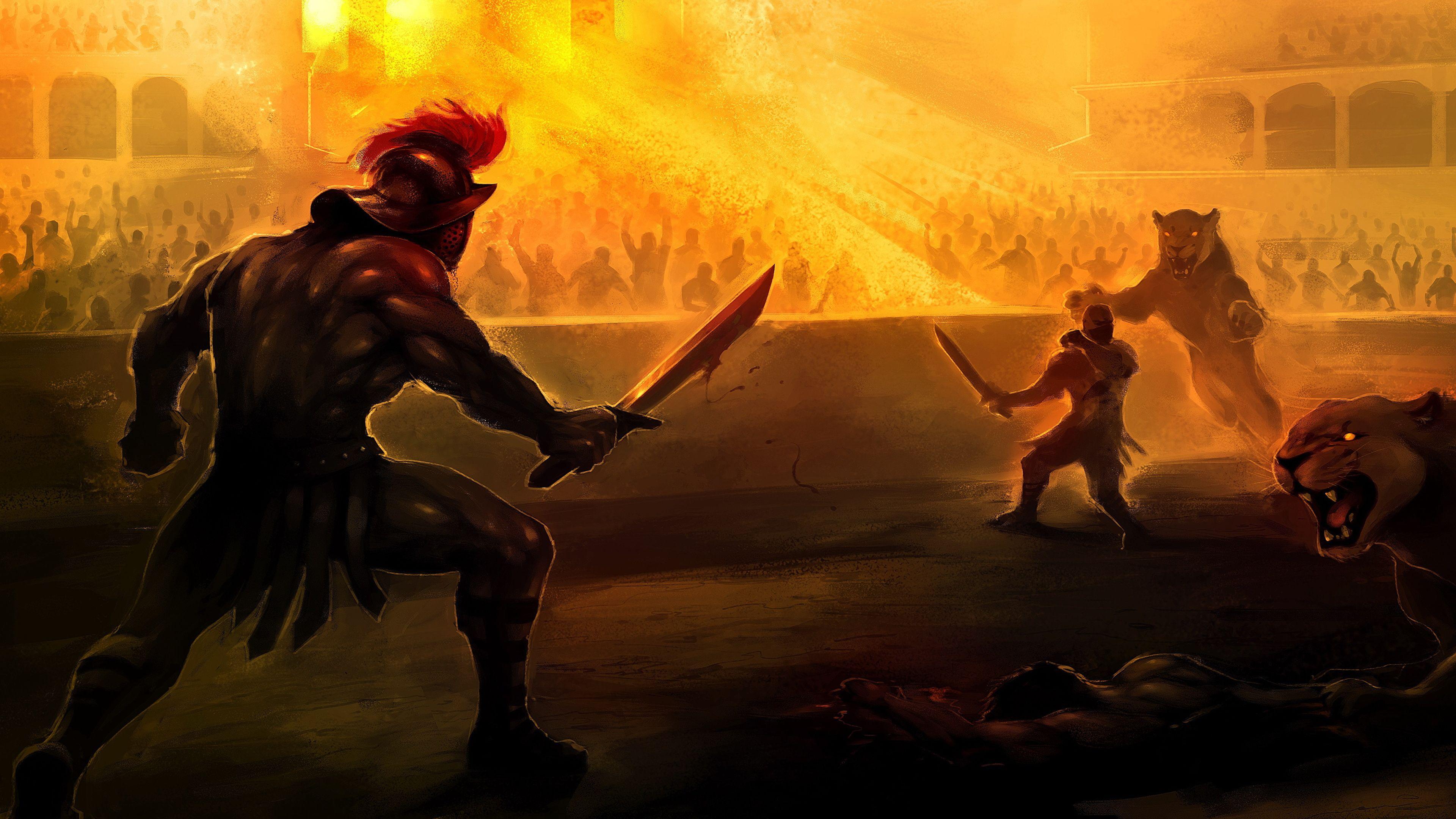 3840x2160 Image Lions Swords Helmet warrior Gladiator Fantasy Arena 3840x2160