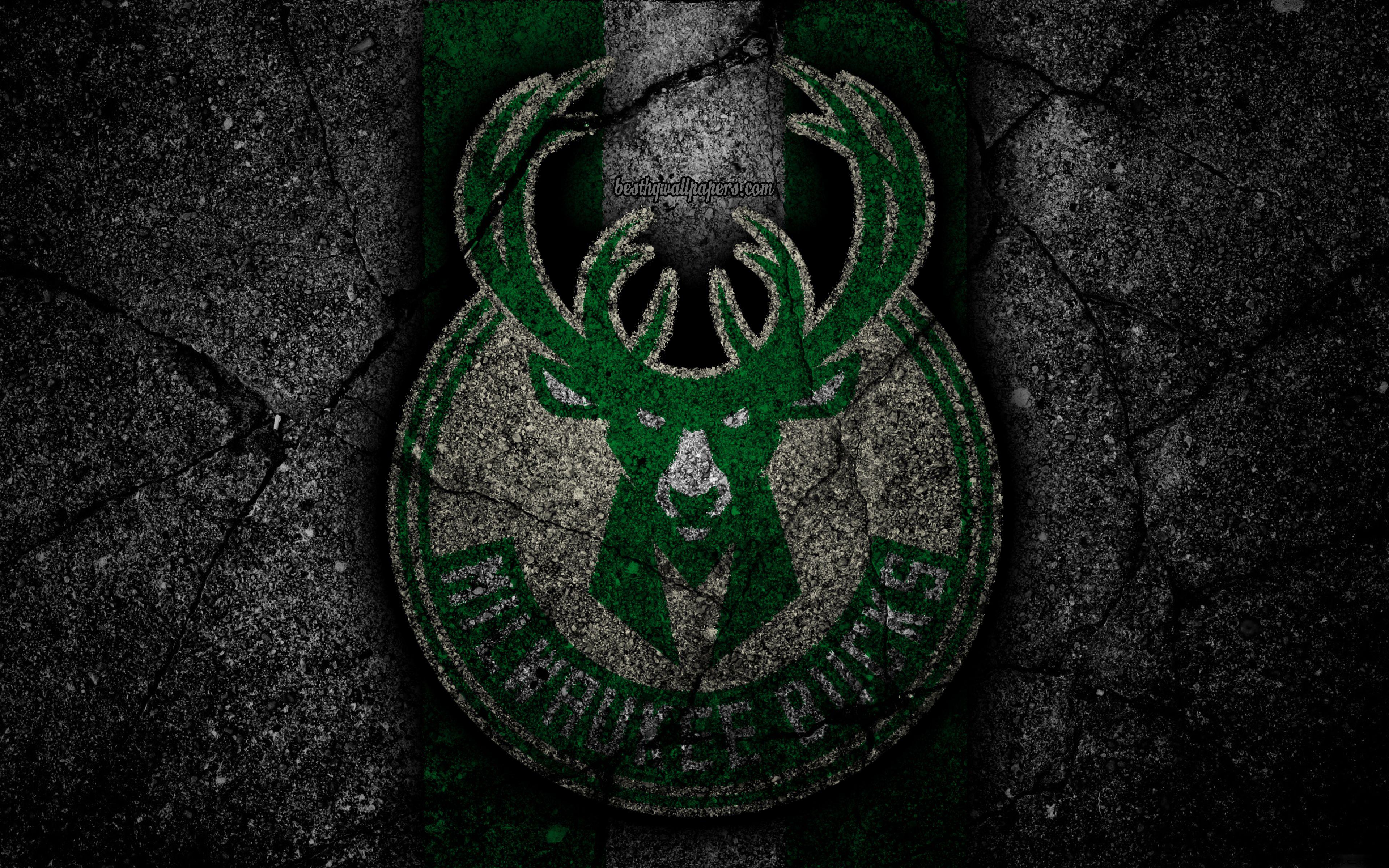 3840x2400 Download wallpaper Milwaukee Bucks, NBA, 4k, logo, black stone, basketball, Eastern Conference, asphalt texture, USA, creative, basketball club, Milwaukee Bucks logo for desktop with resolution 3840x2400. High Quality HD picture wallpaper