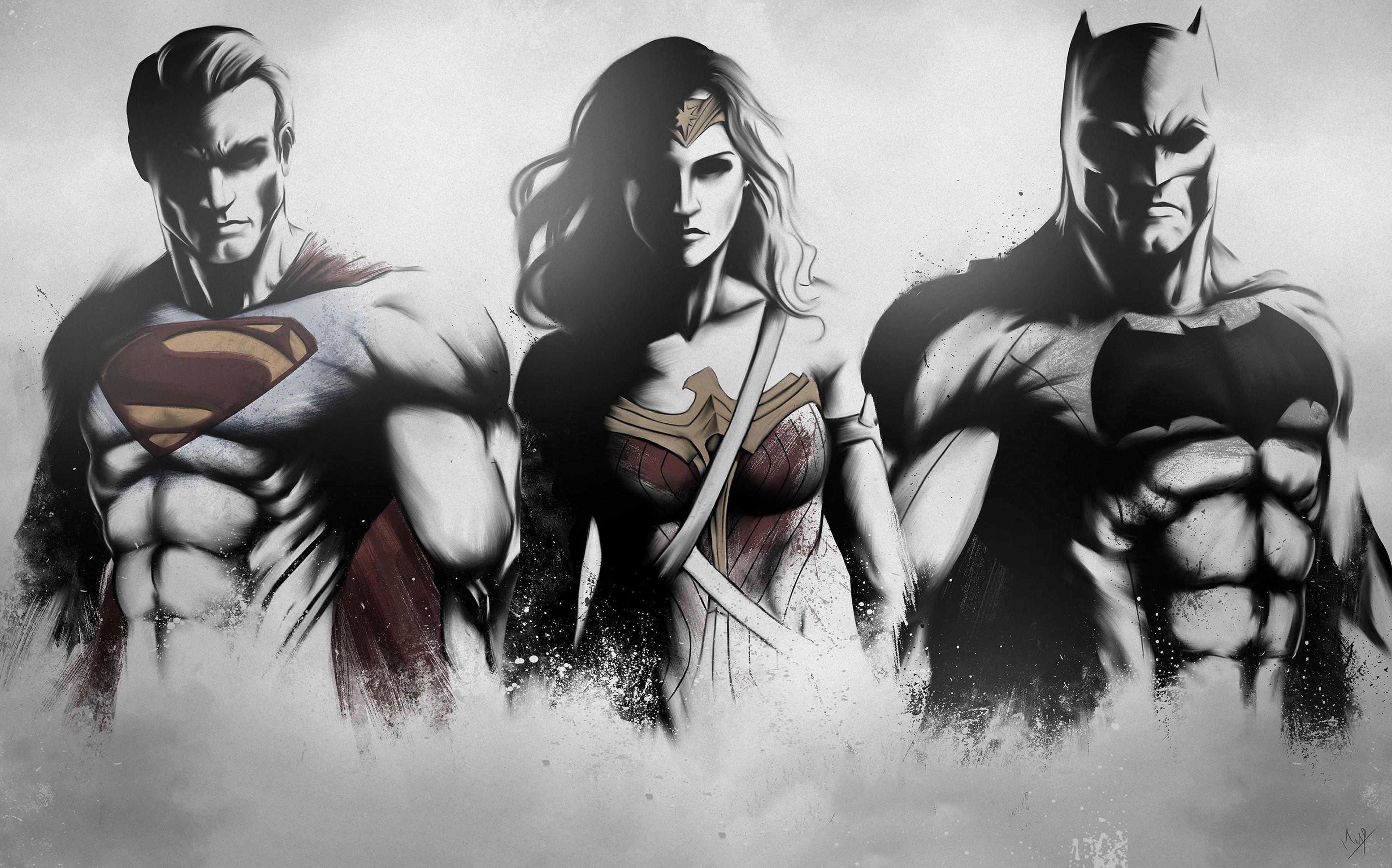 3840x2395 Wallpaper Superman, Wonder Woman, Batman, Artwork, Sketch, Fan art