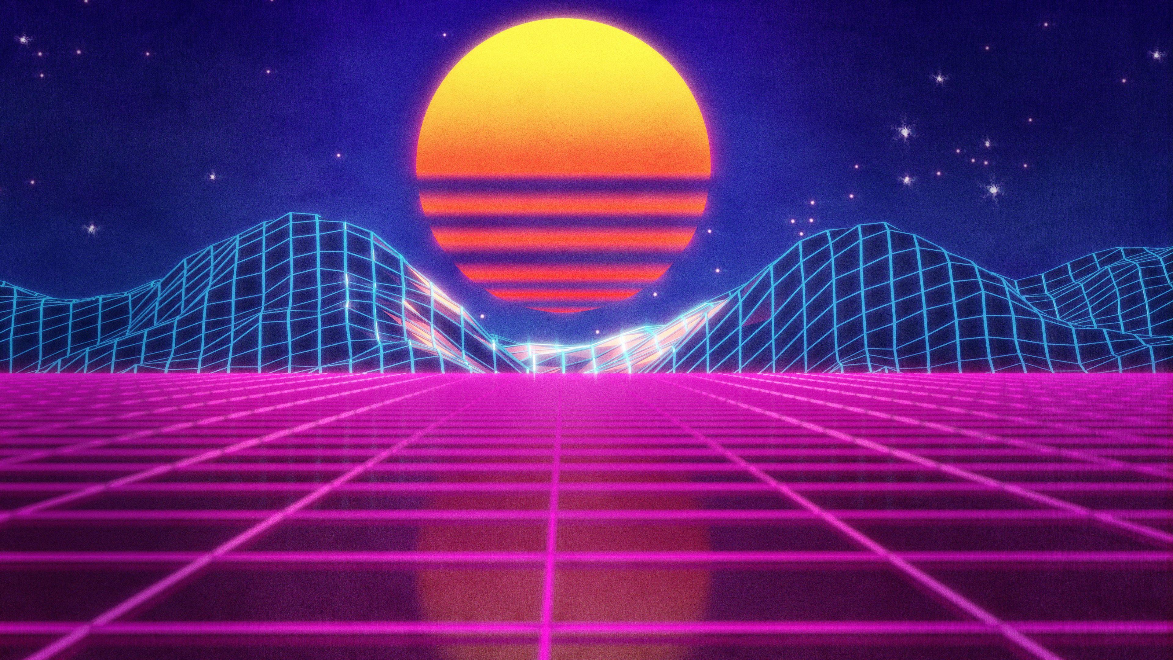 3840x2160 Stars And Electronic Neon Synthpop 4K HD Vaporwave Wallpaper