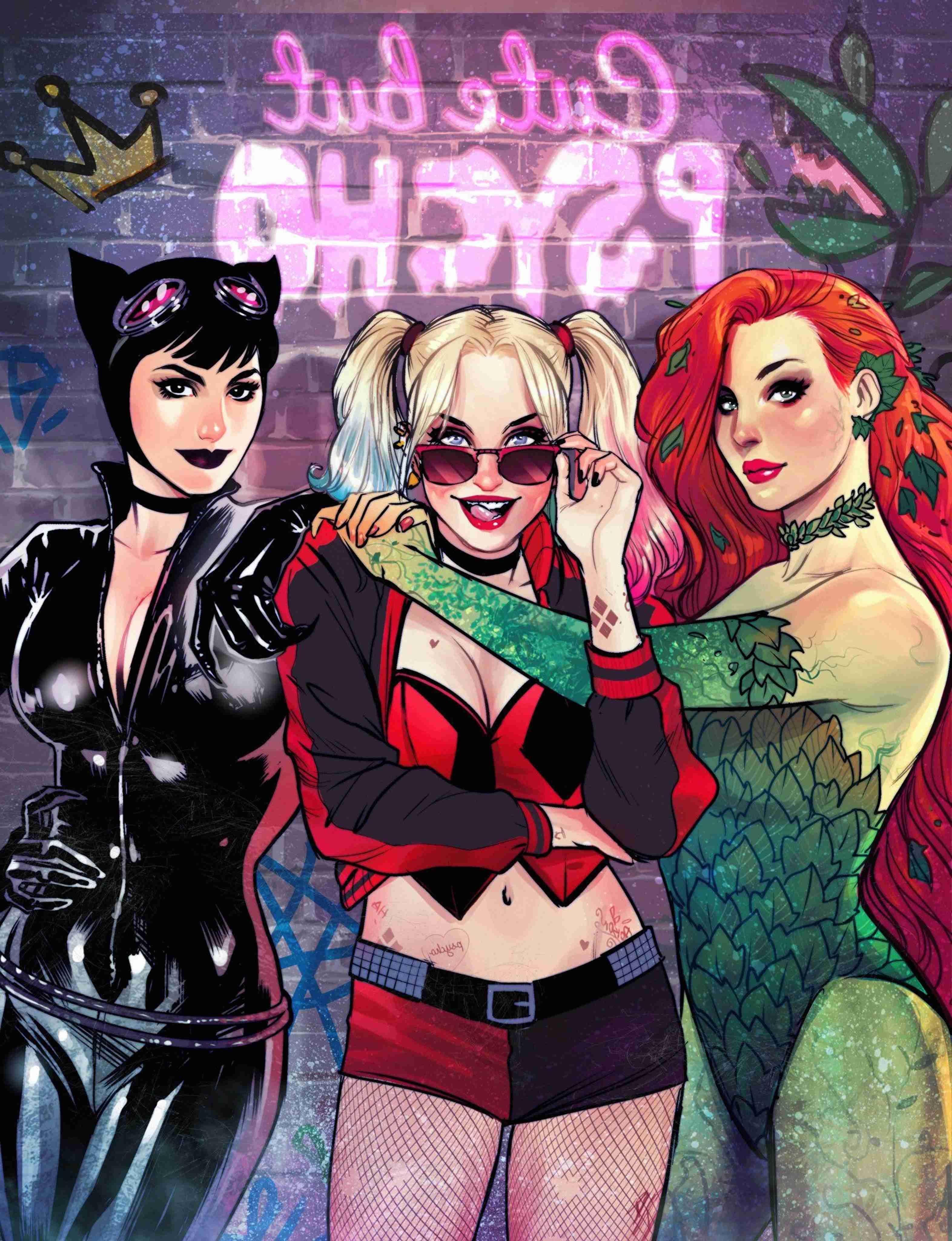 3144x4096 Harley Quinn Catwoman And Poison Ivy Wallpaper