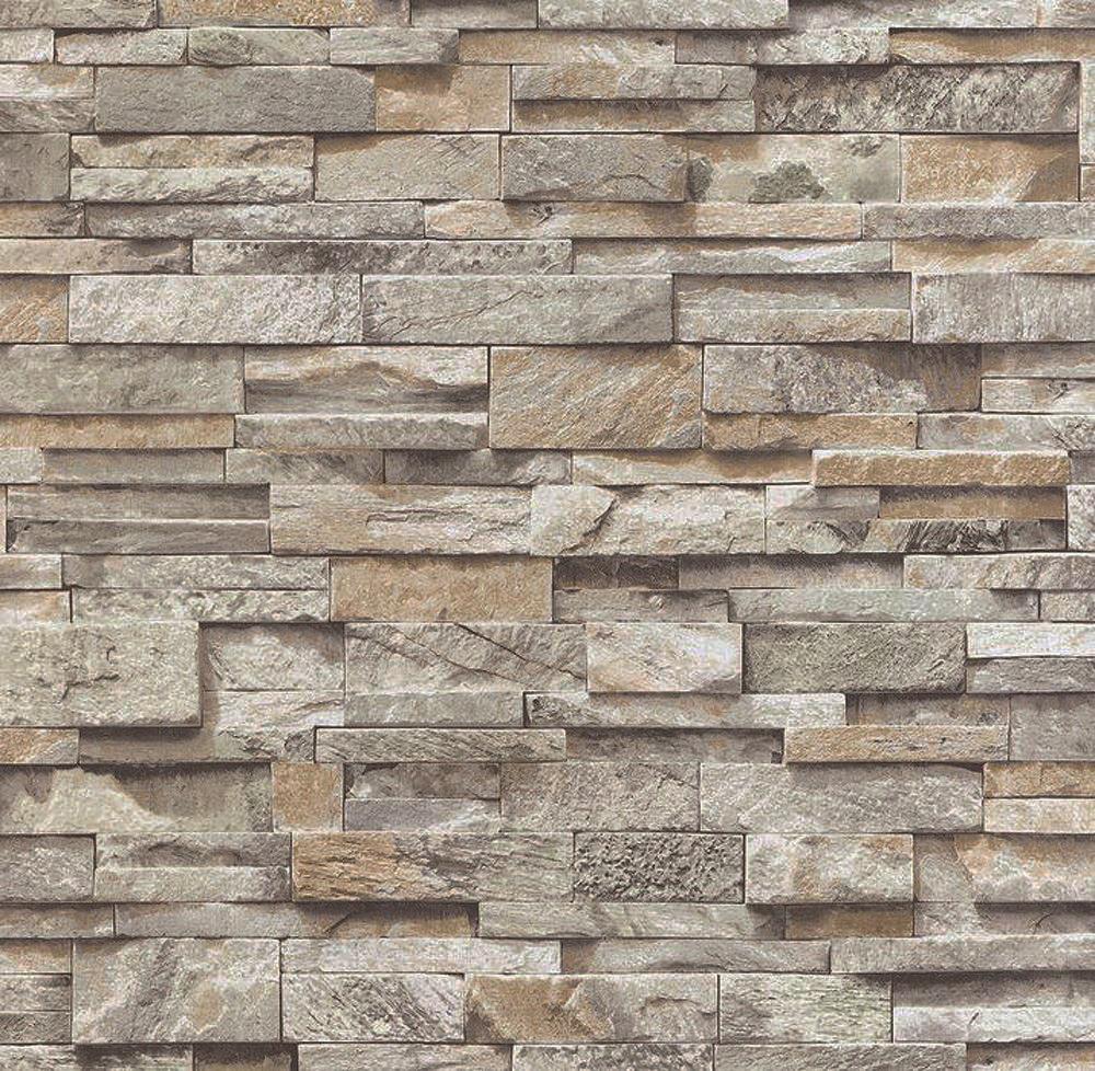 1000x978 3D Effect Brick Slate Stone Wallpaper Beige Grey Sandstone Textured Realistic