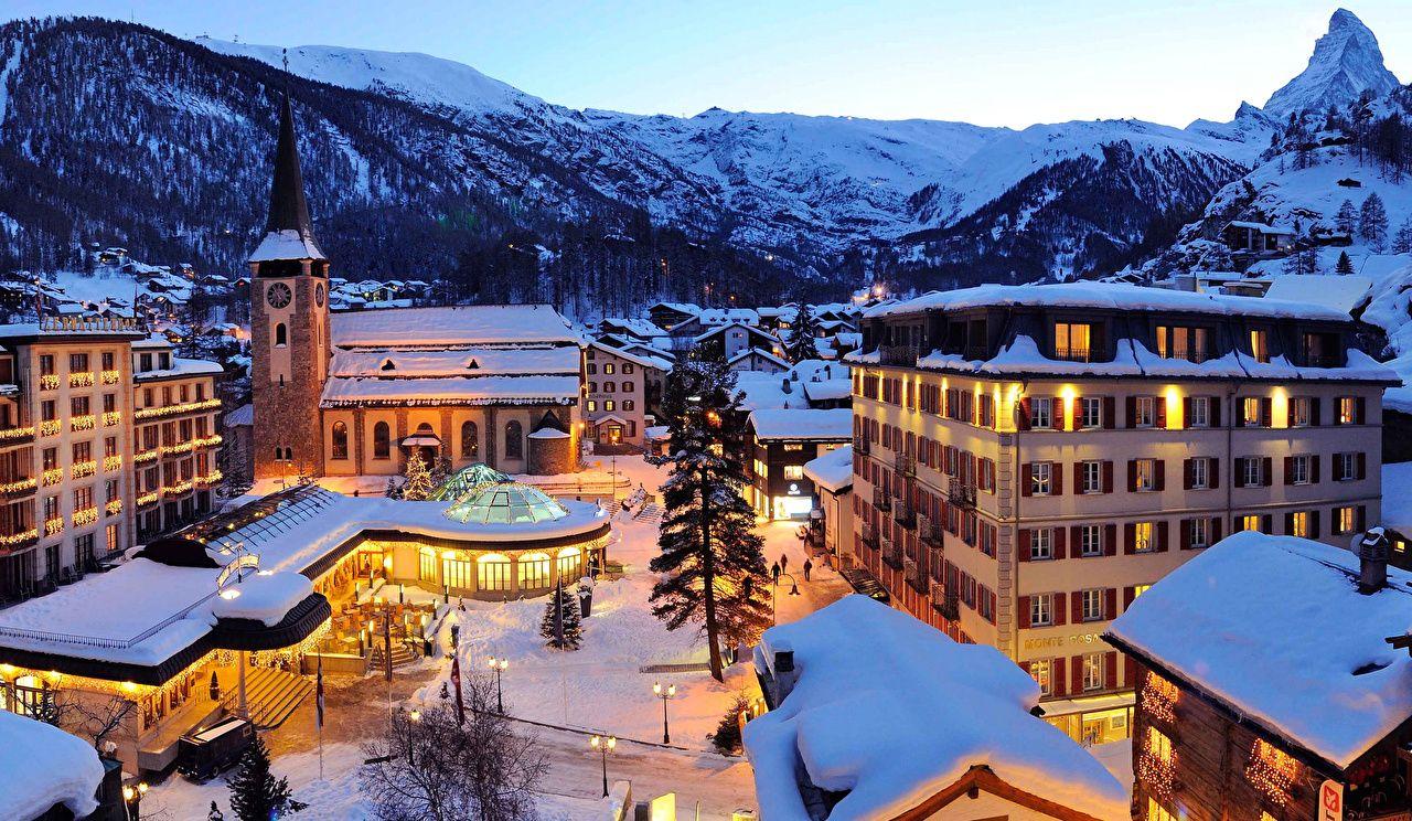 1280x744 Wallpaper Switzerland Zermatt Swiss Alps Winter mountain Night
