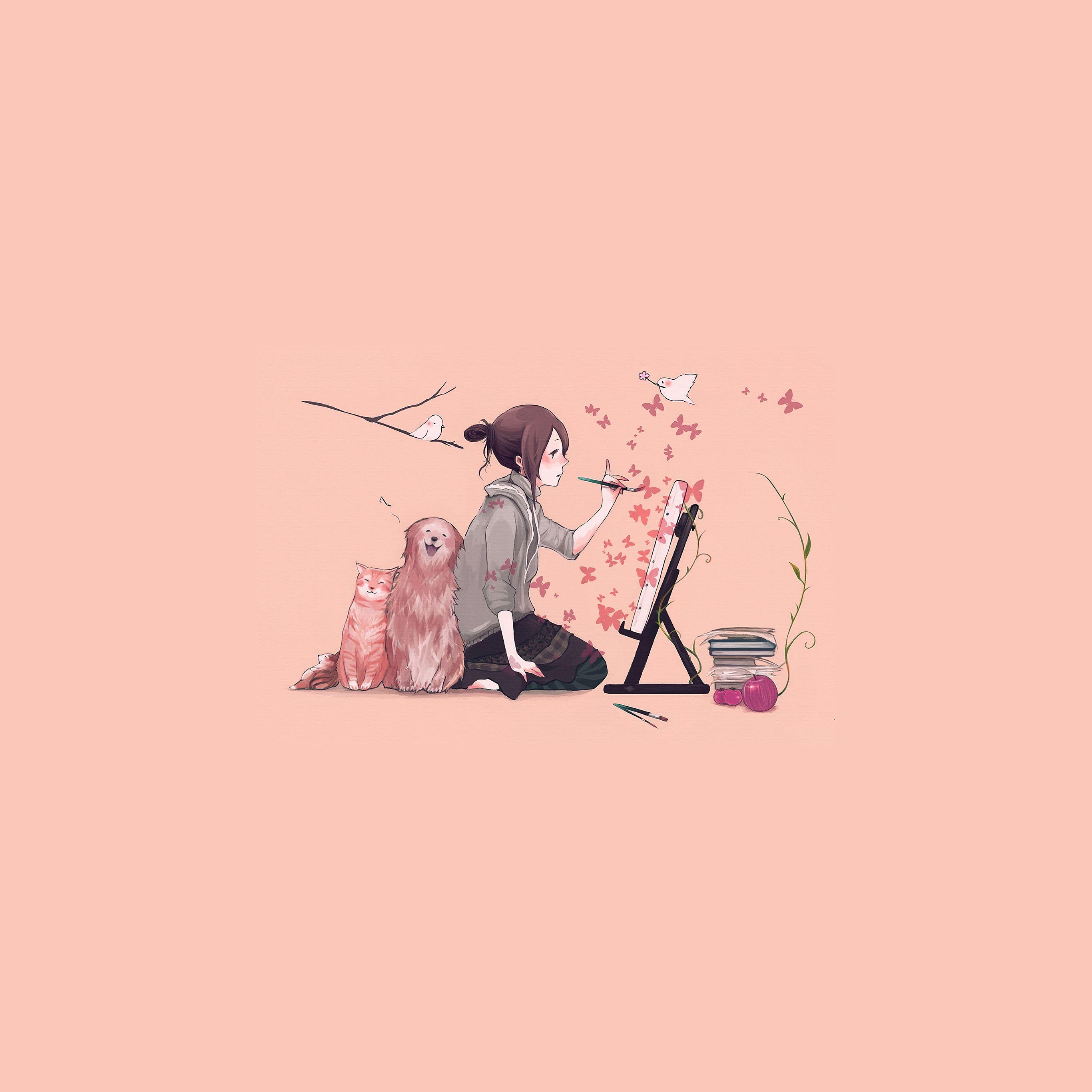 2732x2732 Illustrator Dog Cat Pink Art Illust Wallpaper