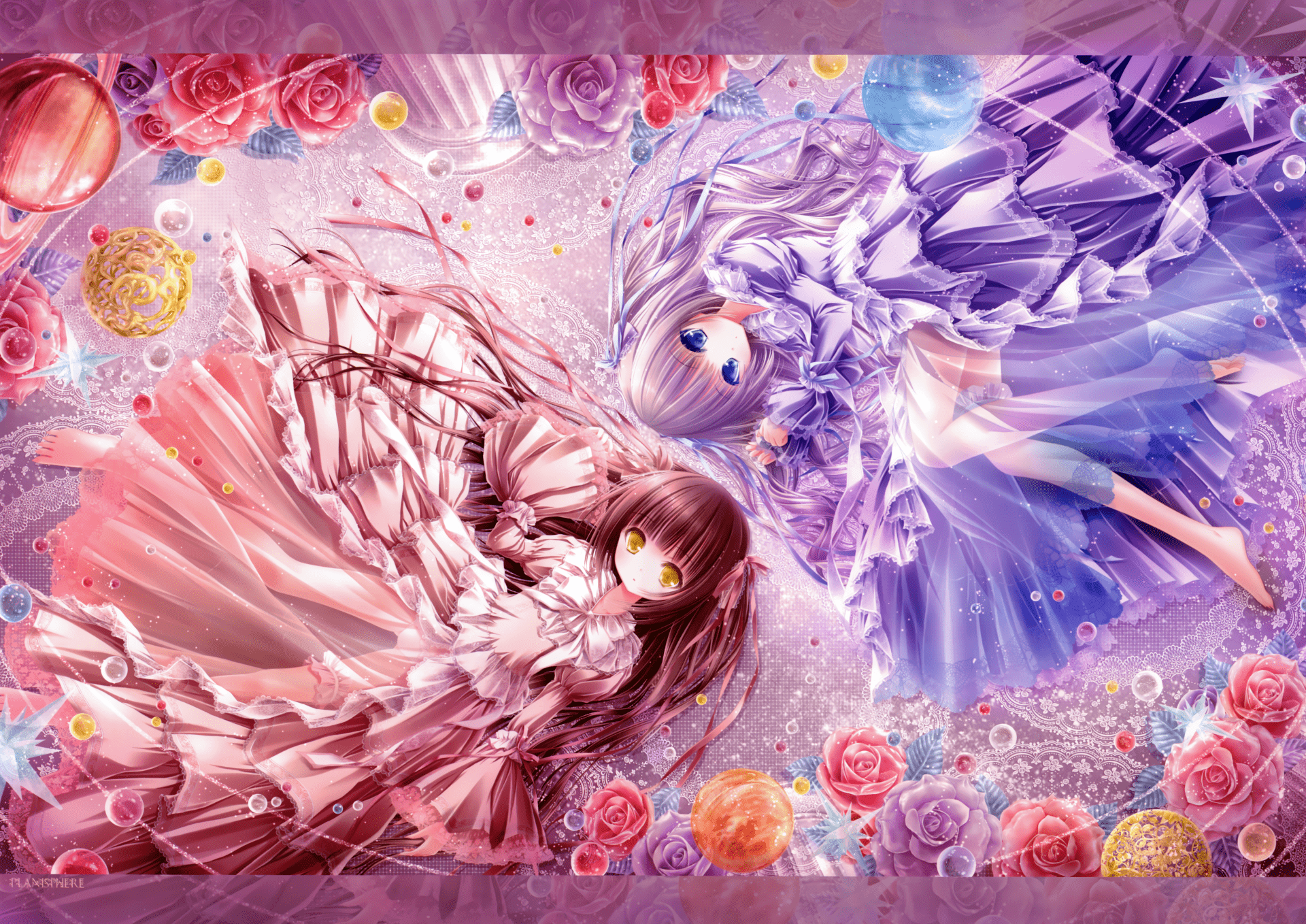 1920x1358 4K Ultra HD Cute Anime Twins with Long Hair in a Magical Floral Dream