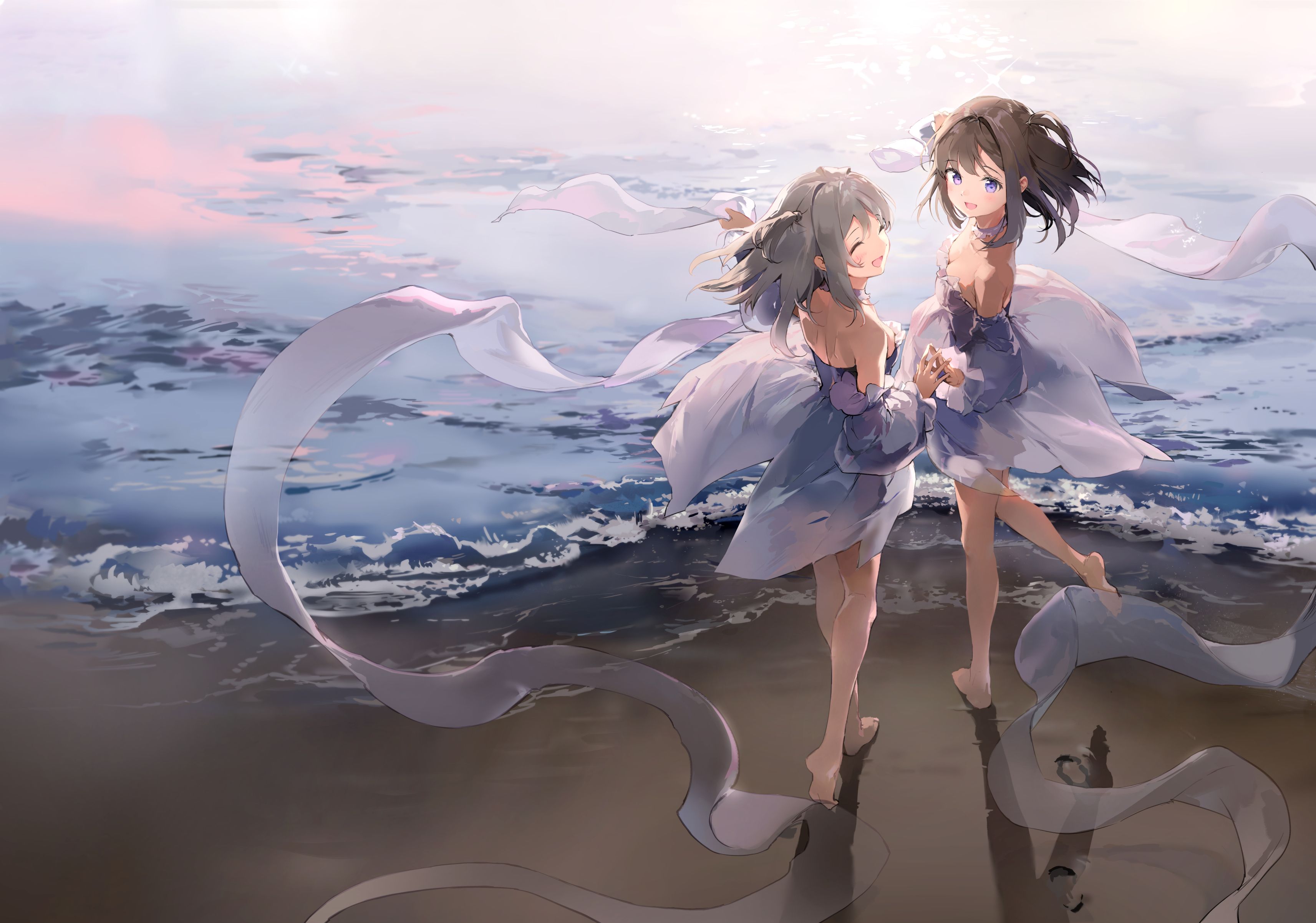 3426x2403 long hair, closed eyes, brunette, twins, Anmi_, barefoot, beach, purple eyes, artwork, anime girlsx2403 Wallpaper