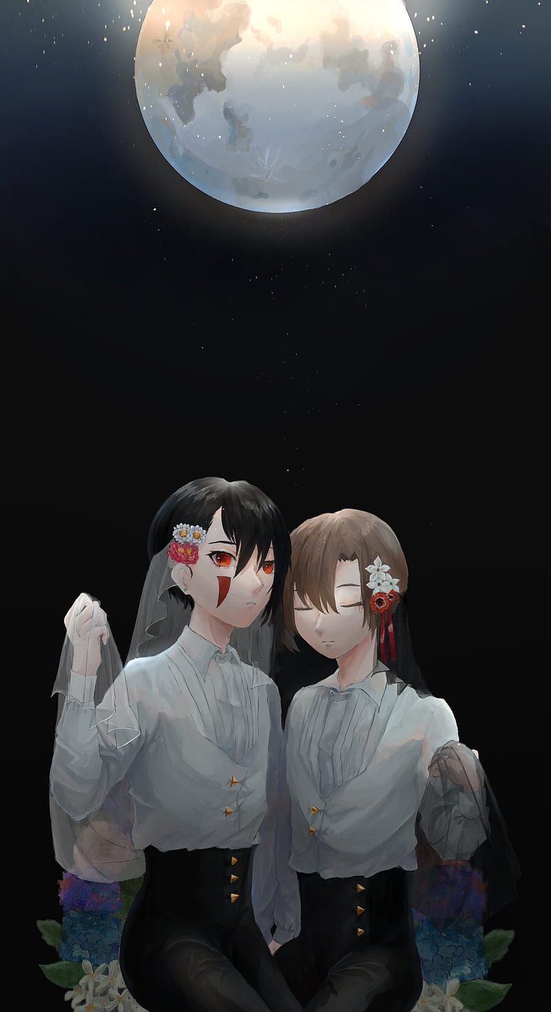 800x1469 Twins, moon, anime, art, HD phone wallpaper