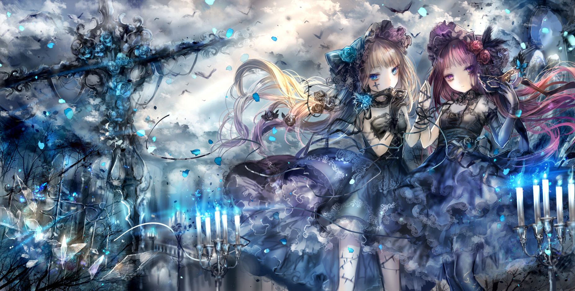 1854x937 Phone wallpaper: Anime, Original, Bird, Blonde, Dress, Long Hair, Purple Hair, Sky, Twins 851432
