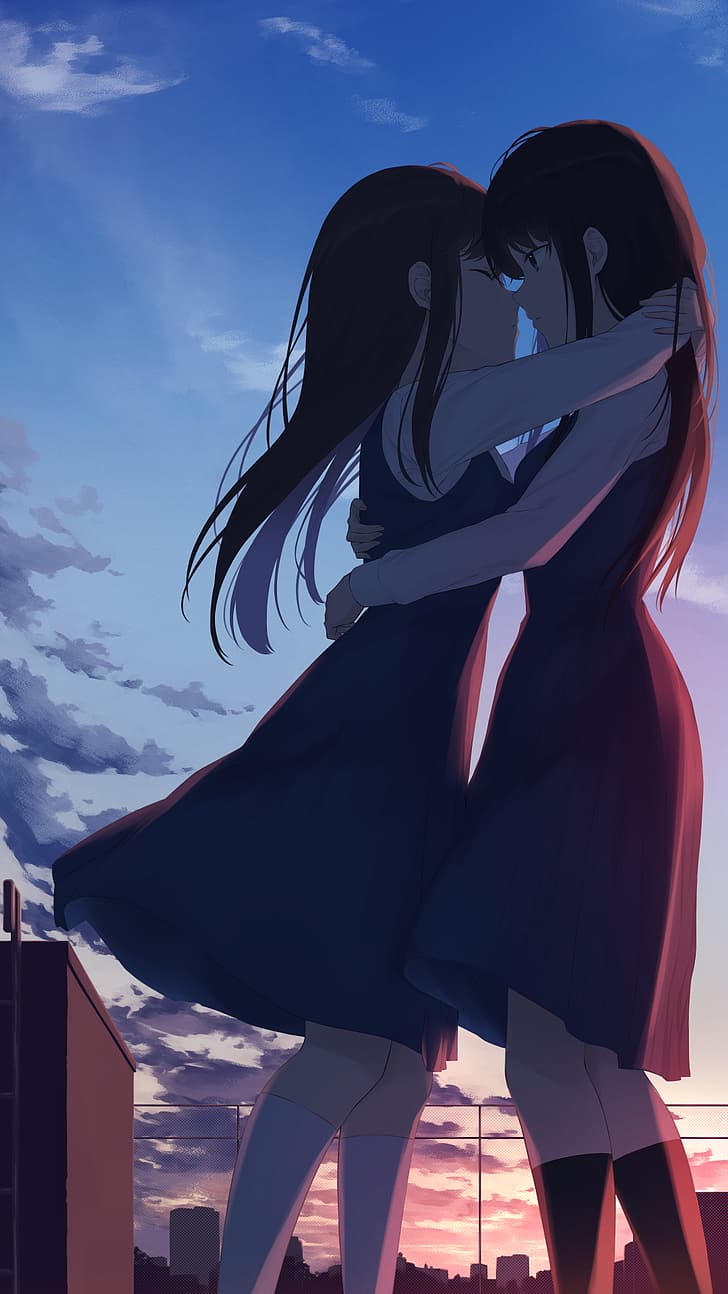 728x1294 HD wallpaper: anime, anime girls, yuri, twins, long hair, brunette, school uniform