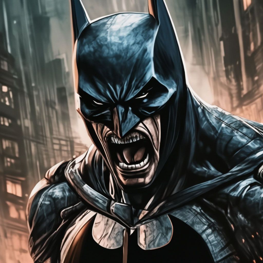 1024x1024 Evil Batman screams, gloomy, brutal, dark atmosphere, noir, fear, comic book style drawing, black strokes, drops