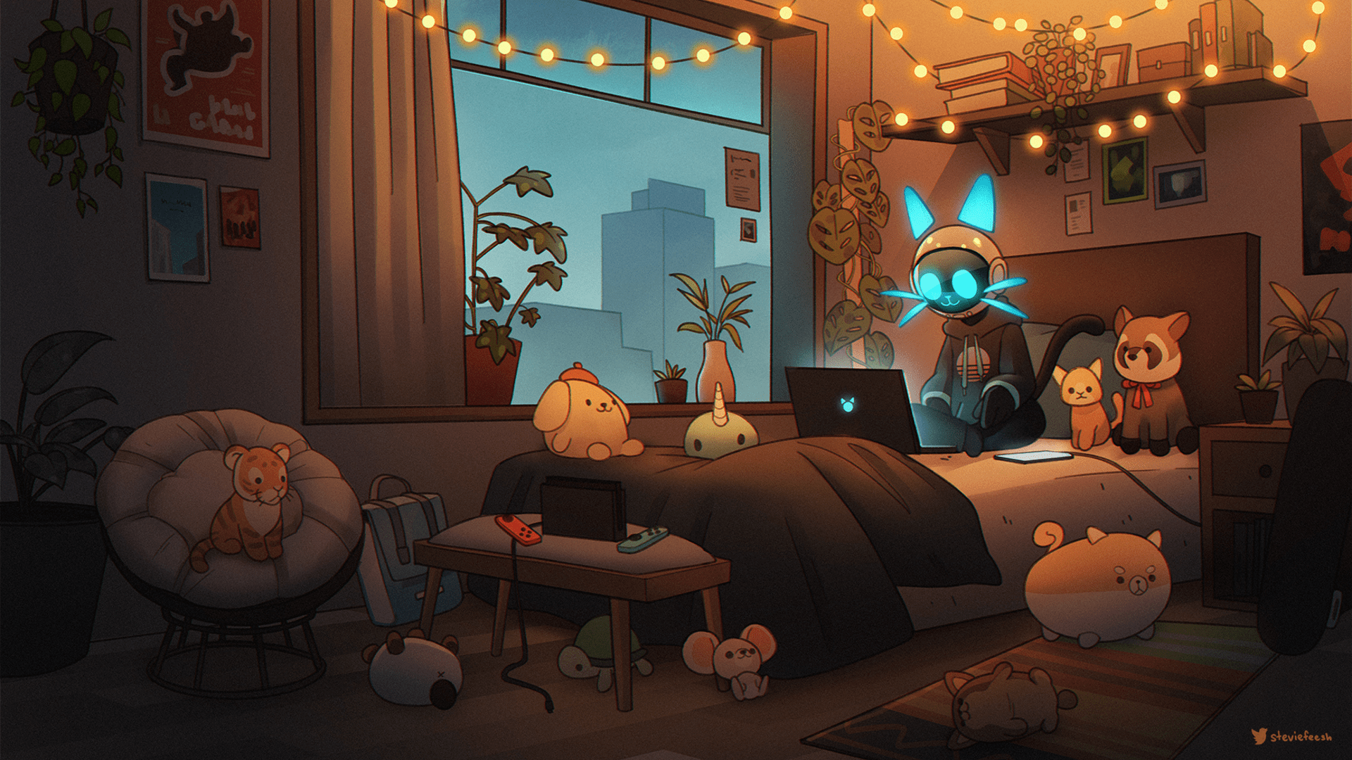 1920x1080 Cozy Lofi Room Cartoon Wallpaper