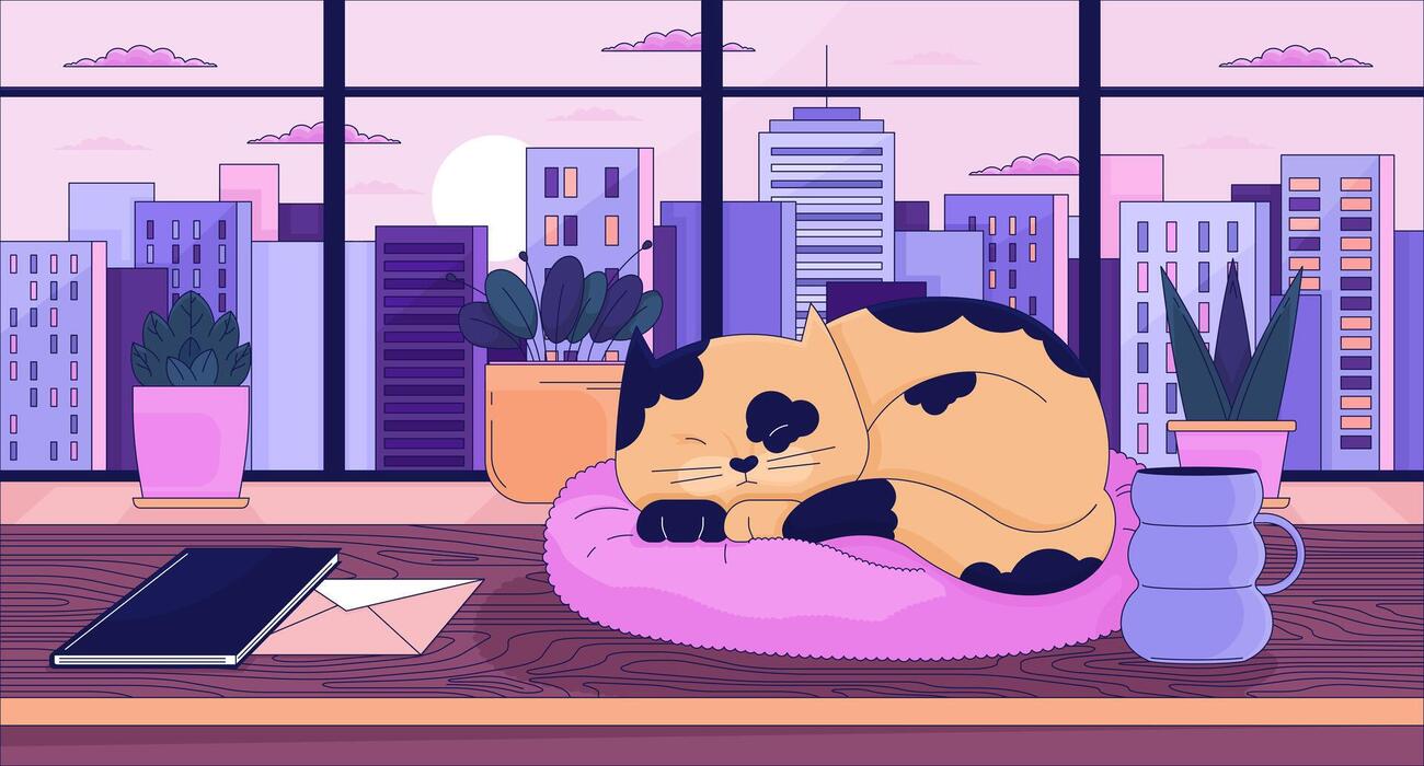 1300x700 Office desk with window cityscape sunset lofi wallpaper. Workstation empty, sundown urban 2D scene cartoon flat illustration. Windowsill plants chill vector art, lo fi aesthetic colorful background