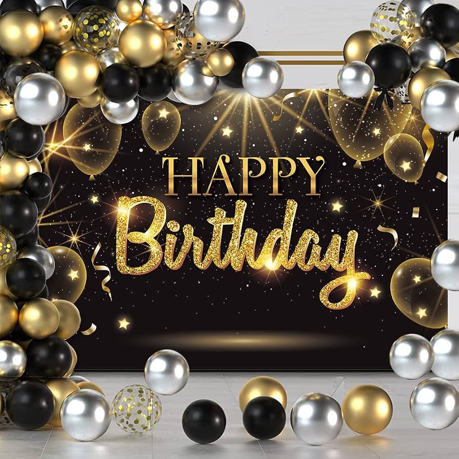 894x894 Amazon.com : IIILUYOT Black Gold Happy Birthday Party Decorations Backdrop, Golden Balloons Glitter Star Birthday Party Photo Background Banner Extra Large Wall Decor Props Party Supplies 6 * 4.2ft