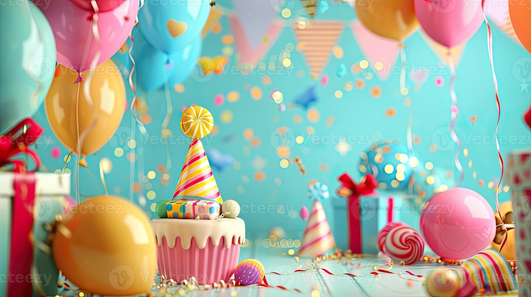 1750x980 Birthday party background with cupcake, balloons and confetti