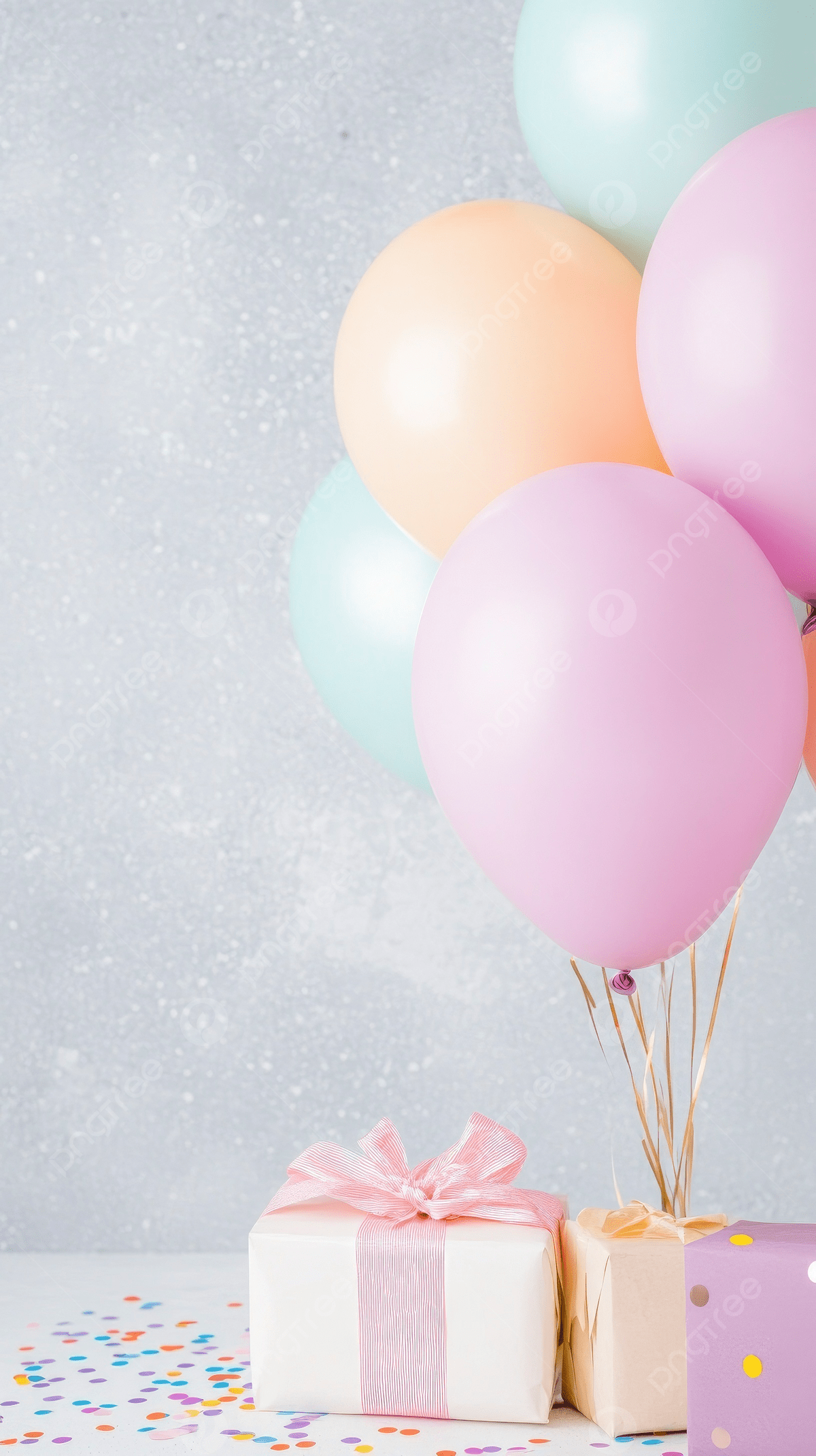 1200x2141 A Photo Of Colorful Birthday Party Decorations Such As Balloons Confetti And Streamers With A Grey Background And Gifts On The Floor Wallpaper Image For Free Download