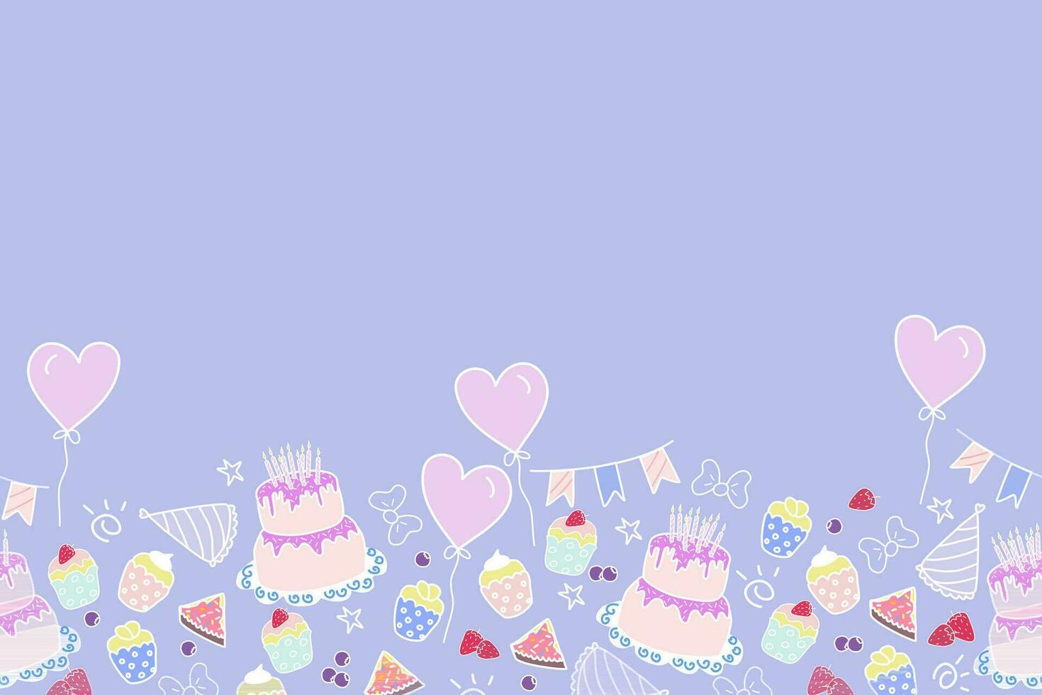 1470x980 Seamless pattern cute cartoon birthday party background banner vector illustration with cake, balloon, crown, garland
