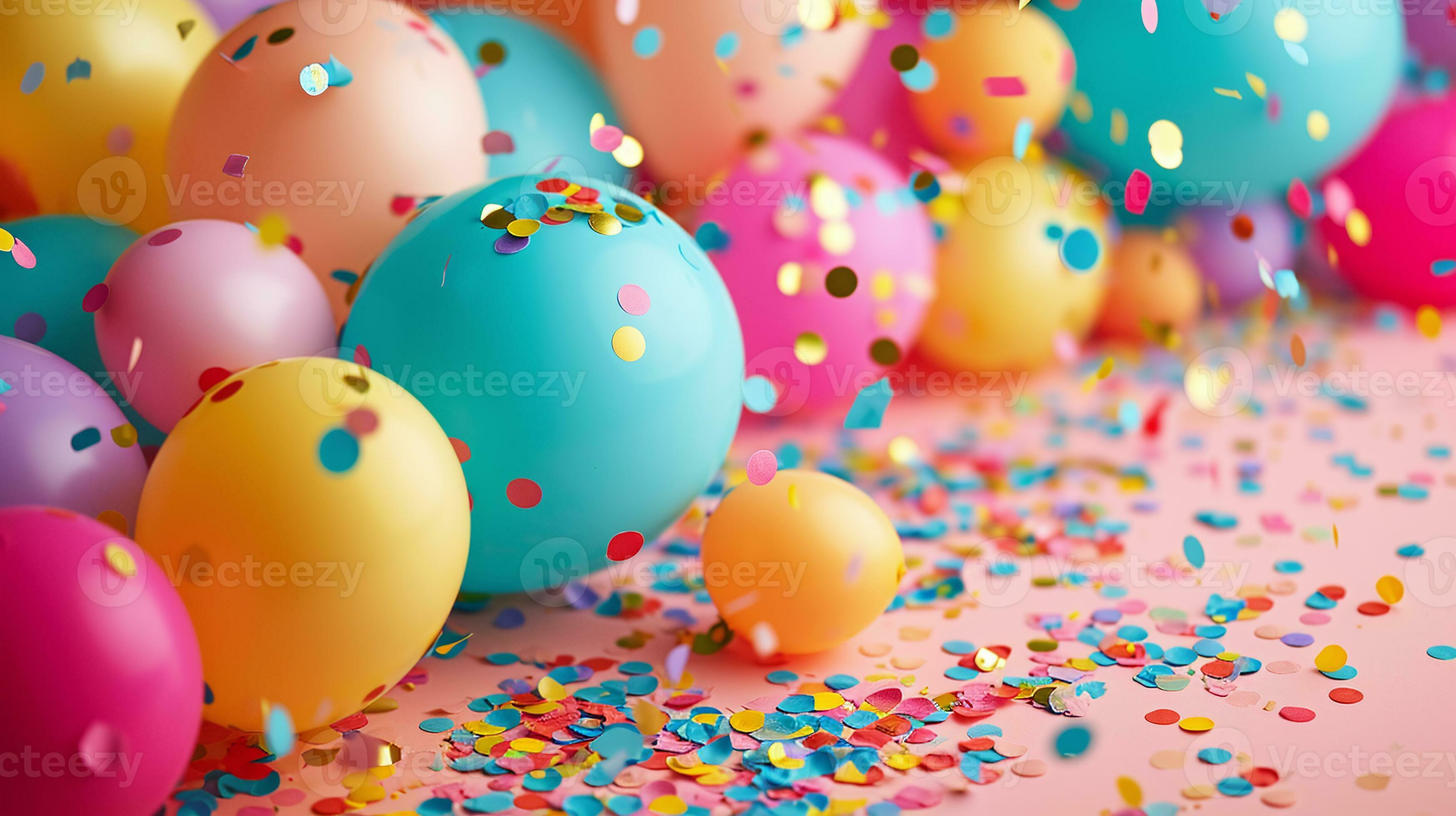 3497x1960 AI generated Colorful party balloons and confetti on pink background celebration, birthday decoration, festive wallpaper