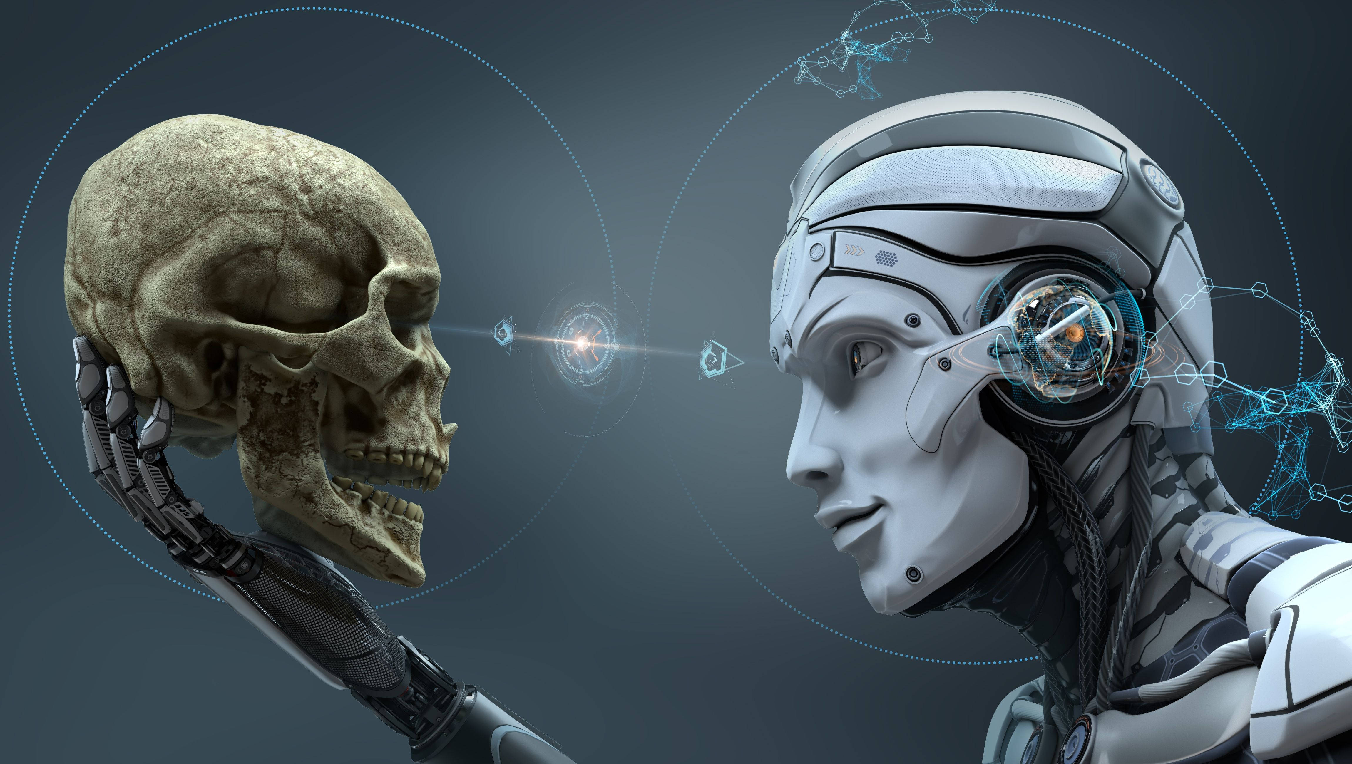 4600x2600 Download Humanoid Robot And Skull Wallpaper