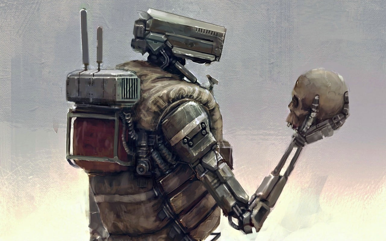 1280x800 Human figure robot illustration, digital art, painting, robot, skull HD wallpaper