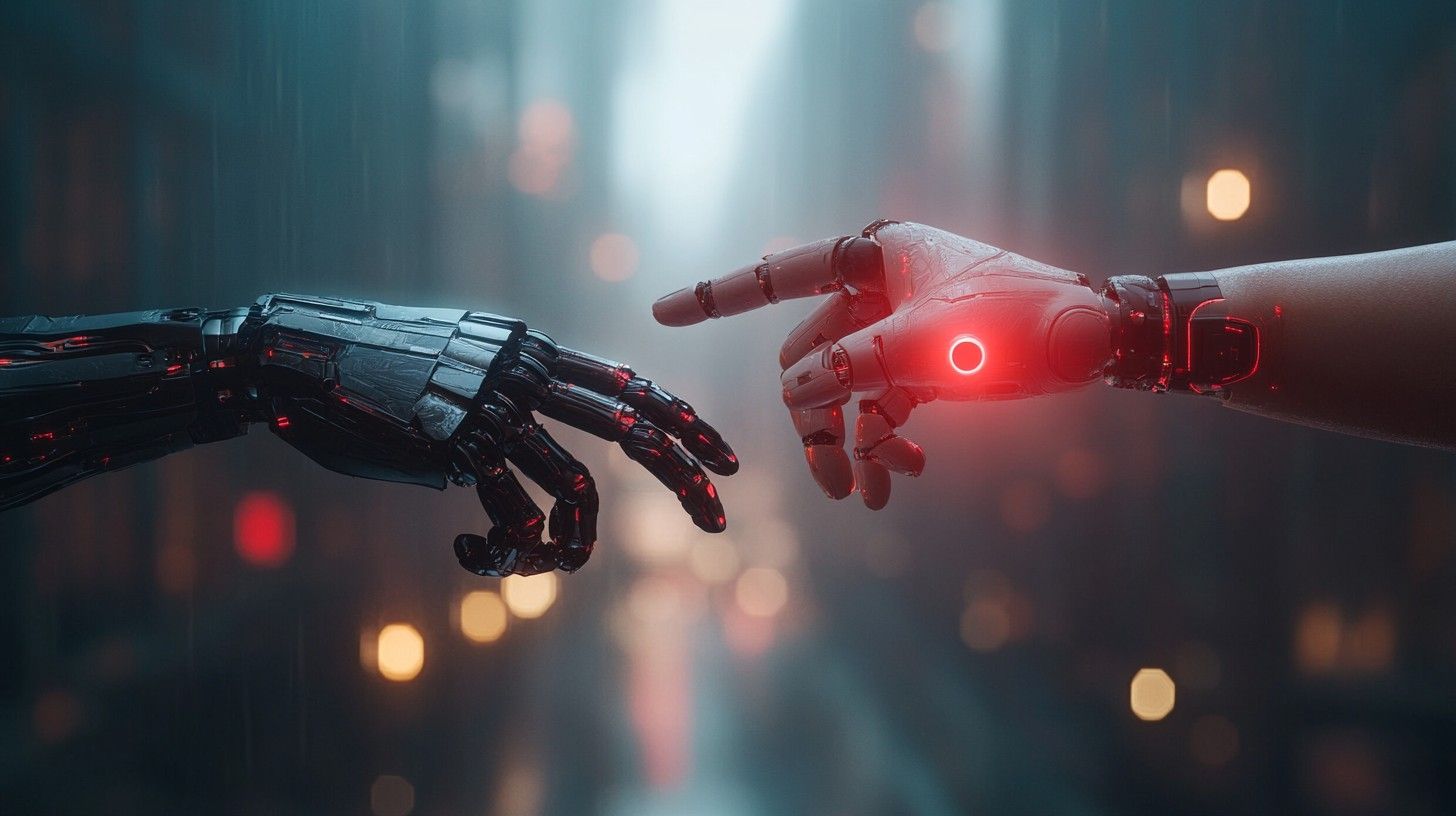 1456x816 Download Robot and human Image, Human, Neon