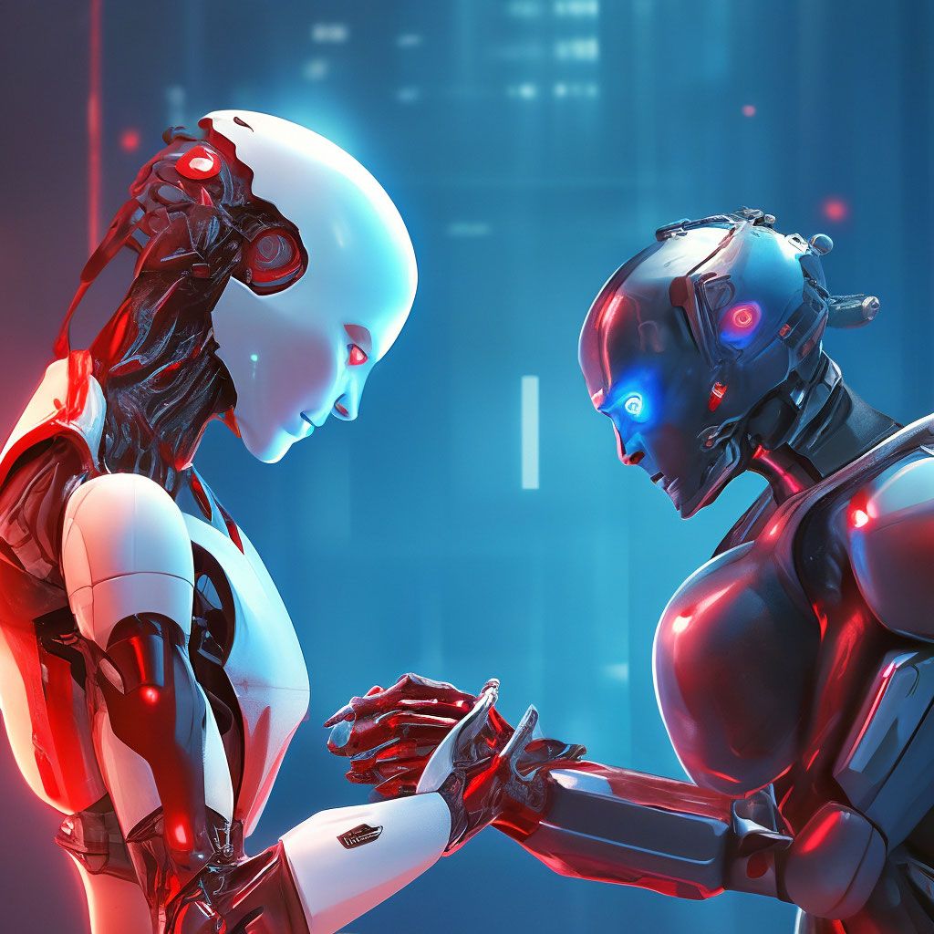 1024x1024 Robot and human, robot, human, touching with index fingers, high detail, blue background on human background, dark