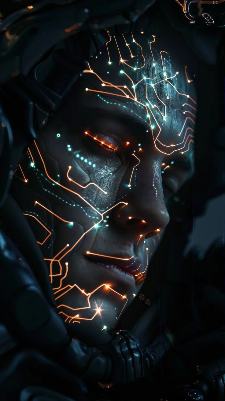 736x1313 futuristic artificial intelligence, AI concept art, robot human hybrid face, digital