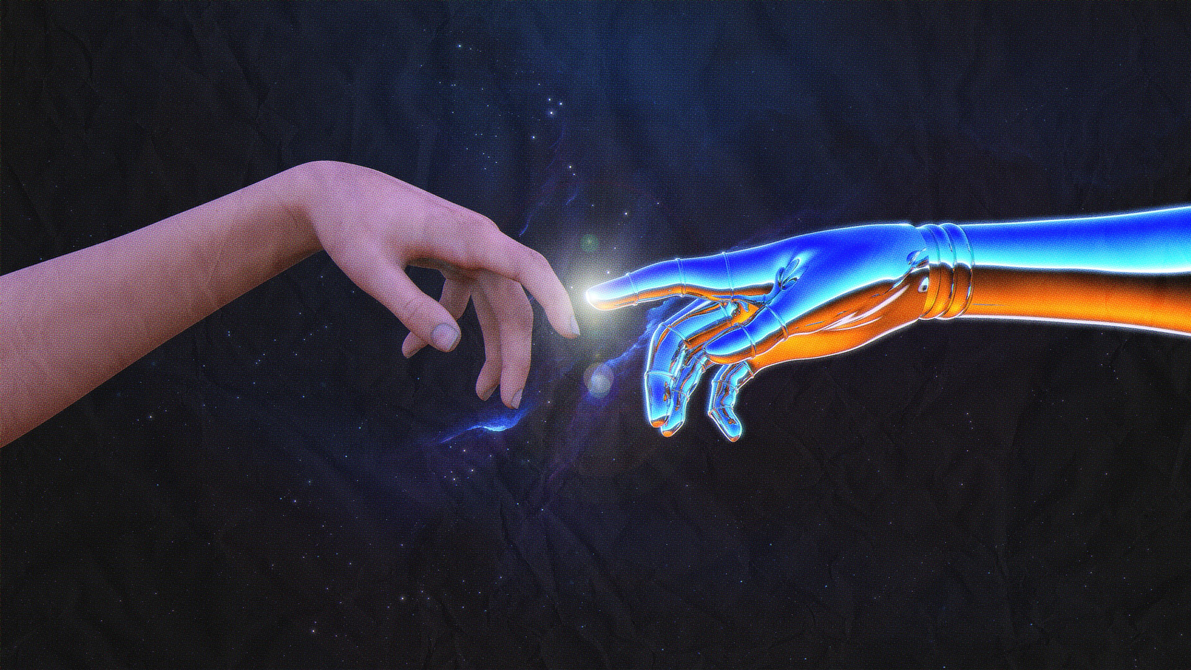 3840x2160 Cyborg Robot Hand And Human Hand 4K HD Vaporwave Wallpaper