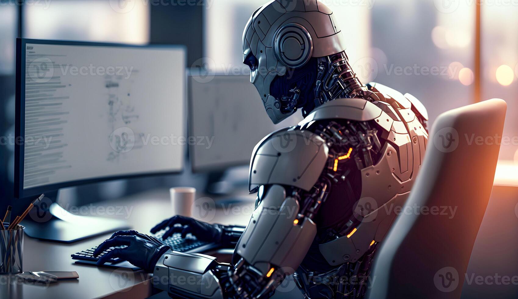 1699x980 Image Of Human Liked Robot Working On Computor In Office Instead Of Human, Artificial Intelligence Concept Image Created By Technology