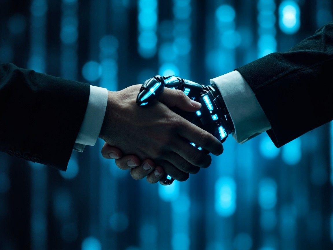 1152x864 Close Up Handshake Between Human And Robot In Futuristic Financial Scene