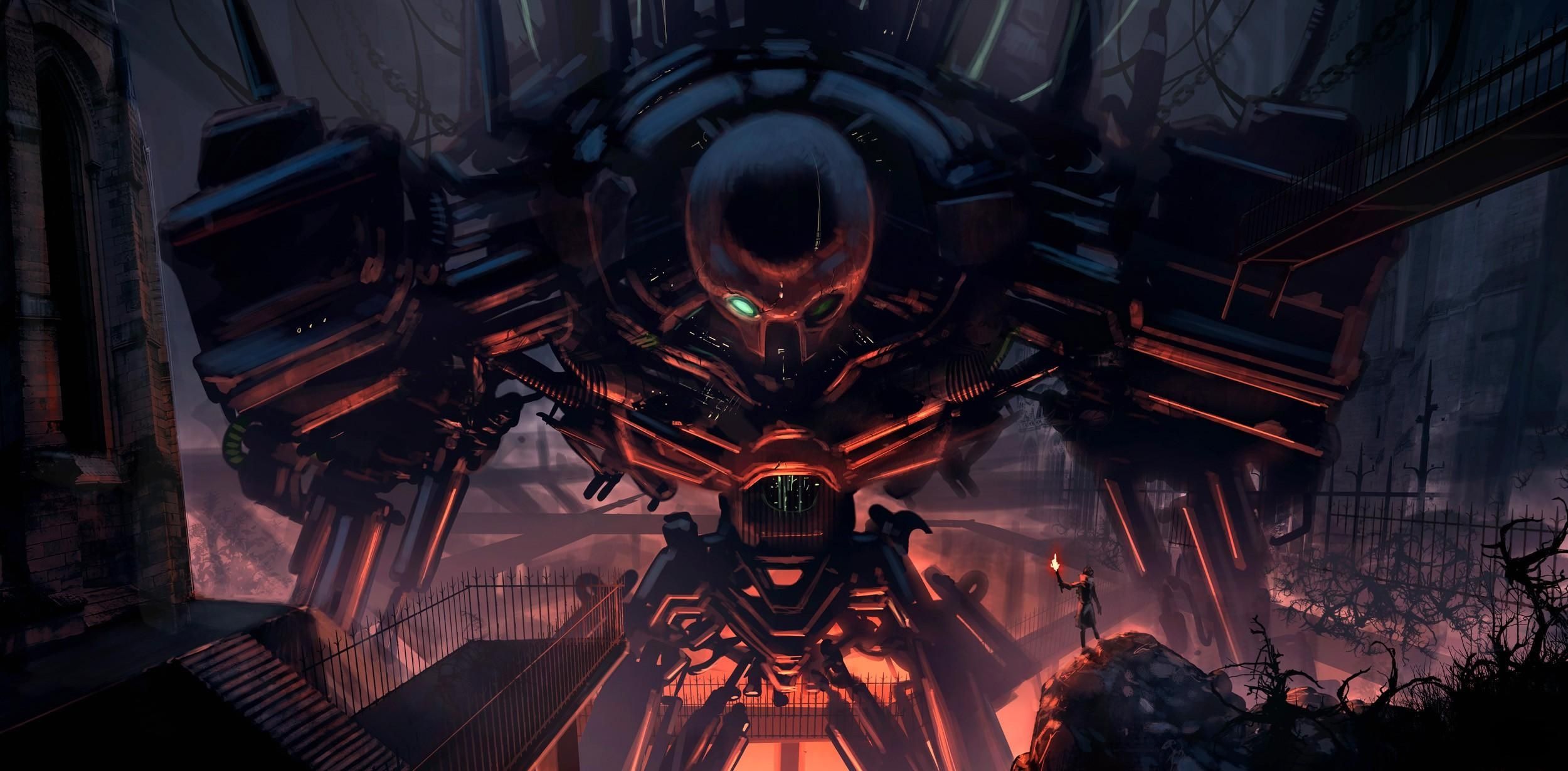 2500x1230 Phone wallpaper: Cyborg, Person, Fantasy, Chains, Break, Precipice, Human, Robot, Torch 73510