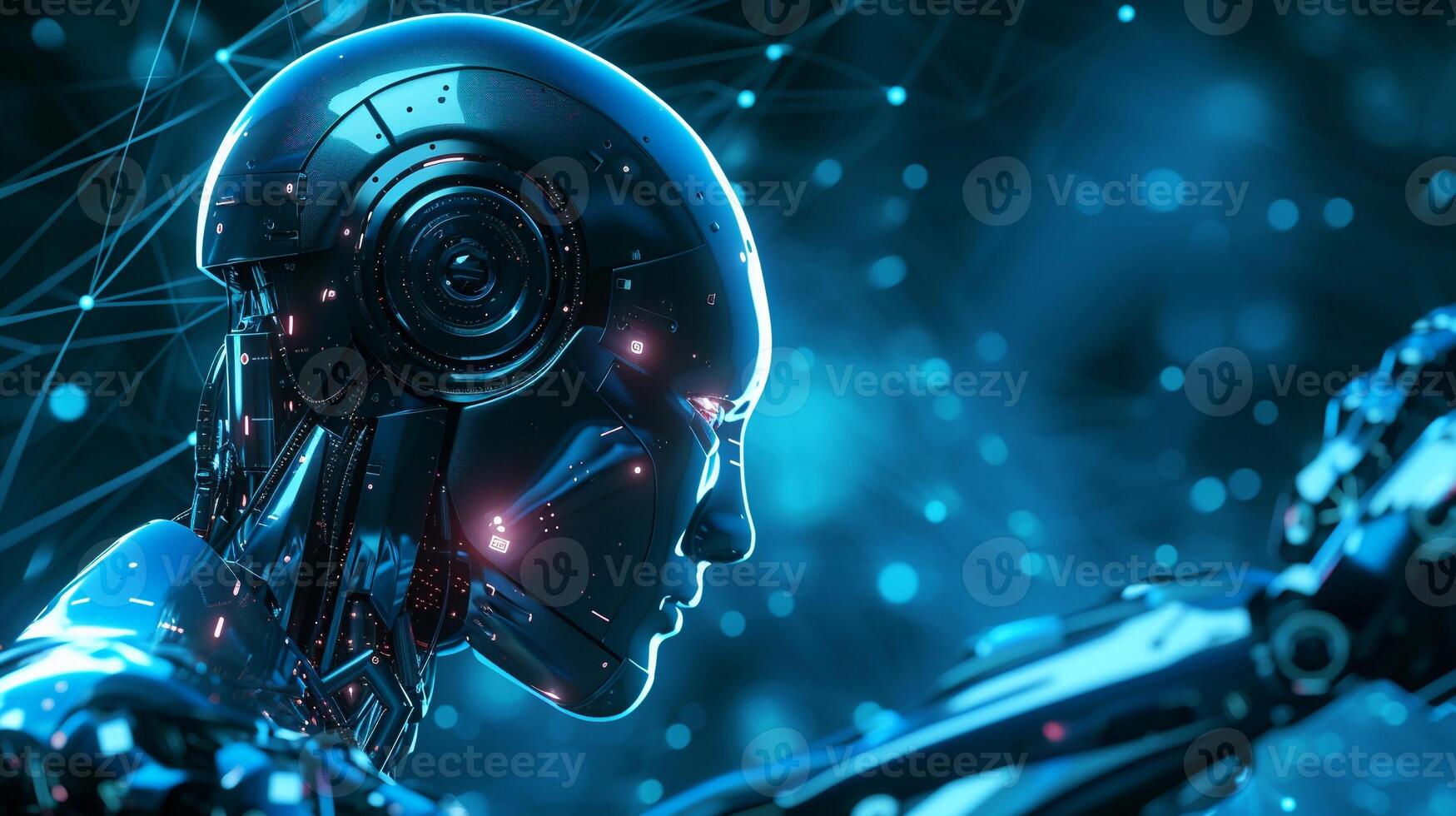 1749x980 AI generated Illustration of an artificial intelligence human robot body with a technological feel background, generative AI, background image