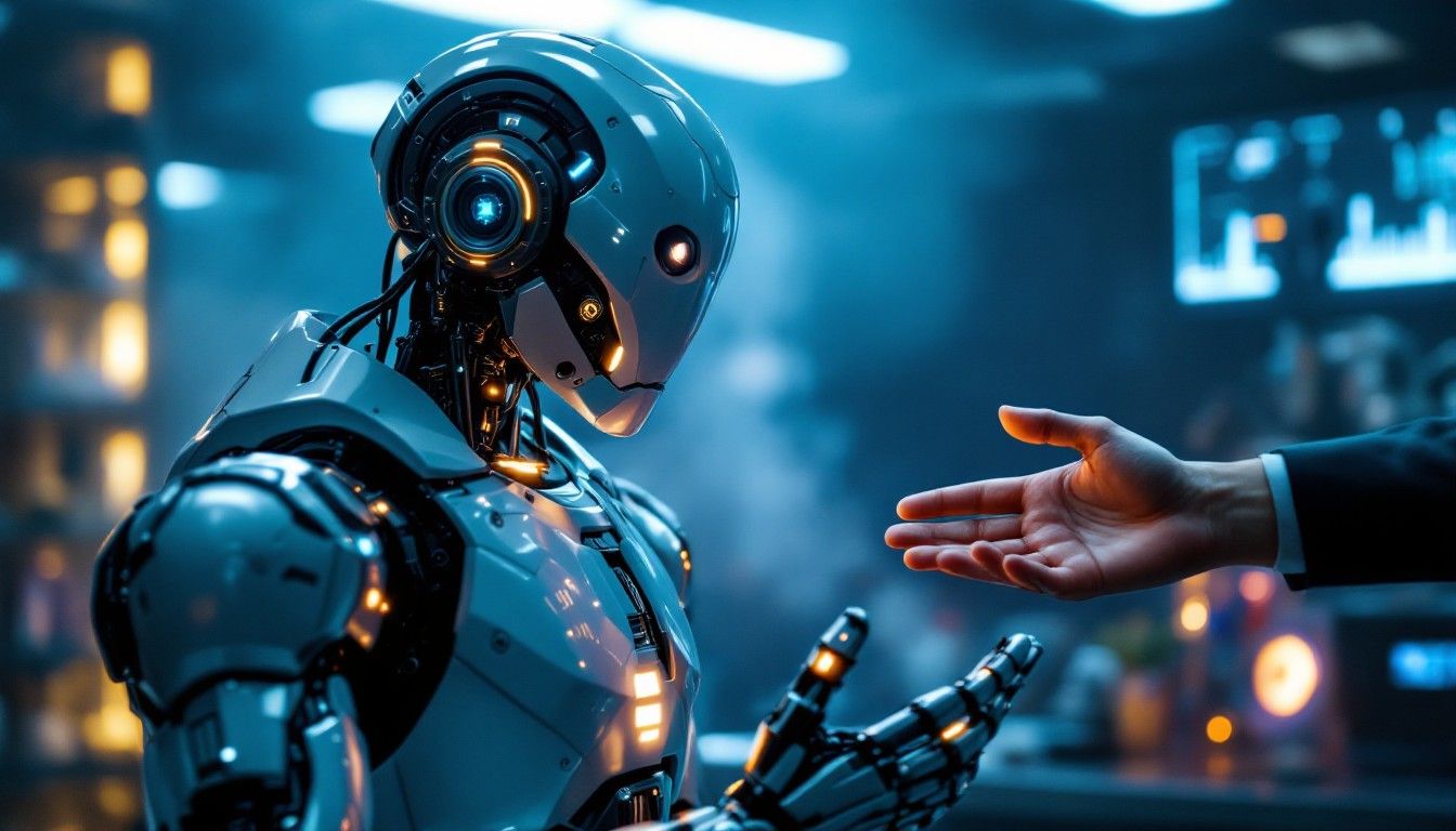 1344x768 Download Robot Interaction Scene Image, Technology, Human