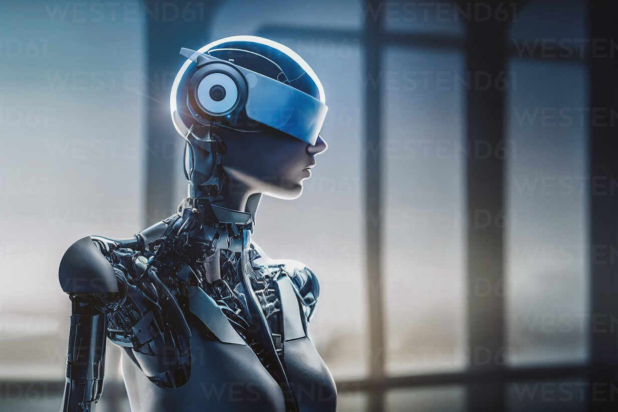 1232x821 Side view portrait of a robot wearing virtual glasses looking away on blurred background