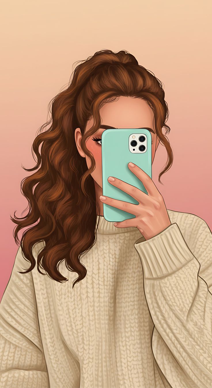 736x1349 ✨Cute Curly Hair Selfie Wallpaper✨. Wallpaper for phone aesthetic girly curly hair, Curly hair background cartoon aesthetic, Girly art wallpaper iphone