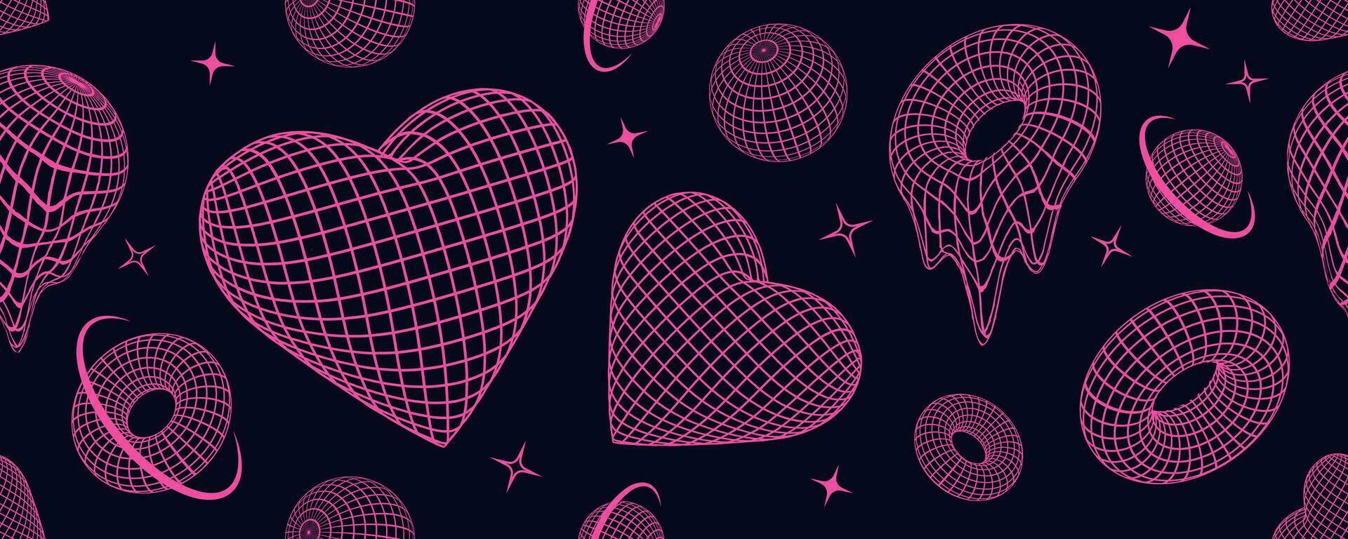1920x768 Retro Y2K seamless pattern with techno shapes and 3D wireframes, grids, geometric forms, pink neon crazy design elements in 2000s aesthetic style