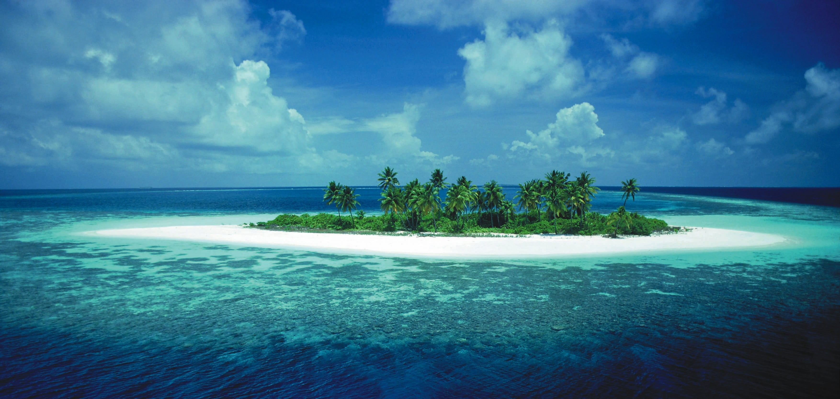 3508x1669 Green island, landscape, tropical, island, clouds HD wallpaper
