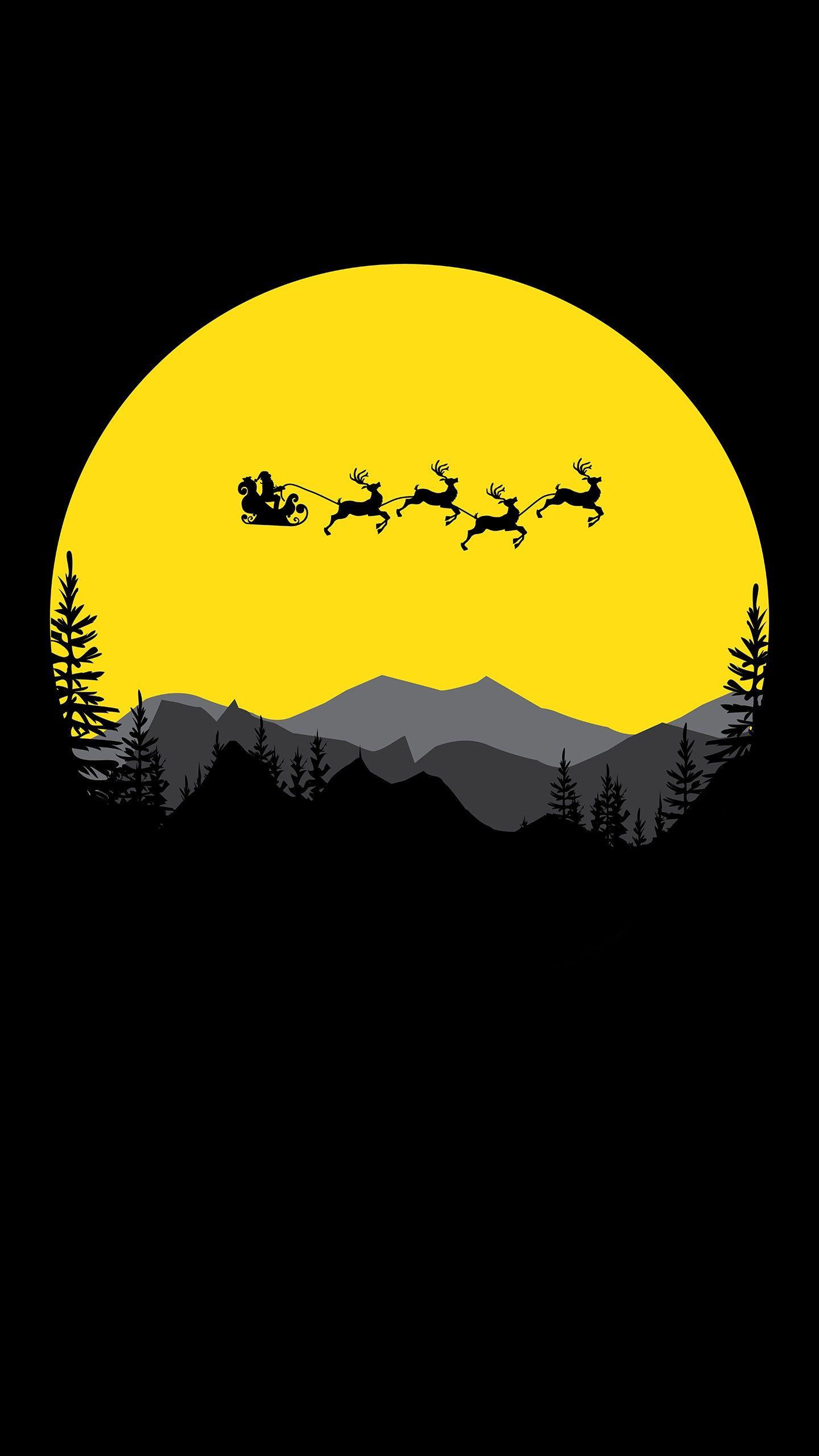 1440x2560 Santa Claus Moon Reindeer chariot Minimal Black 4K 8K Wallpaper