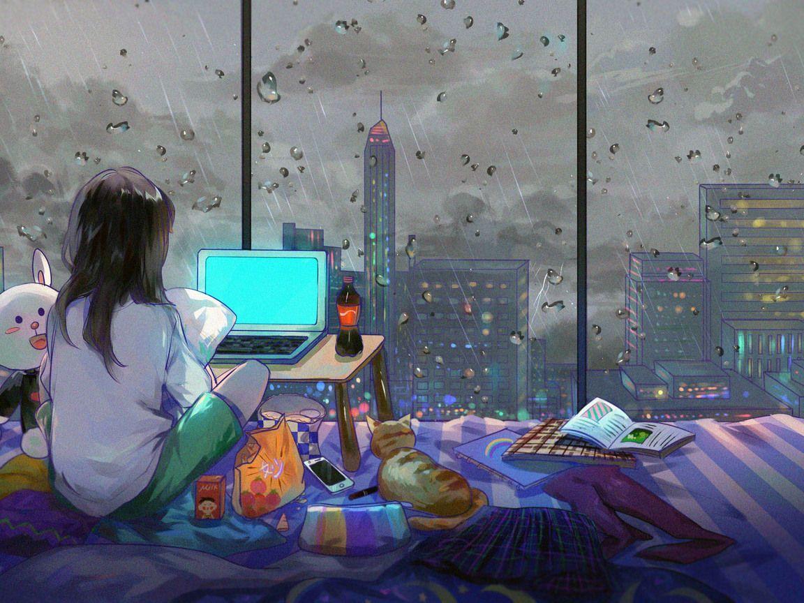 1152x864 Anime Girl Room City Cat Wallpaper and Background Image
