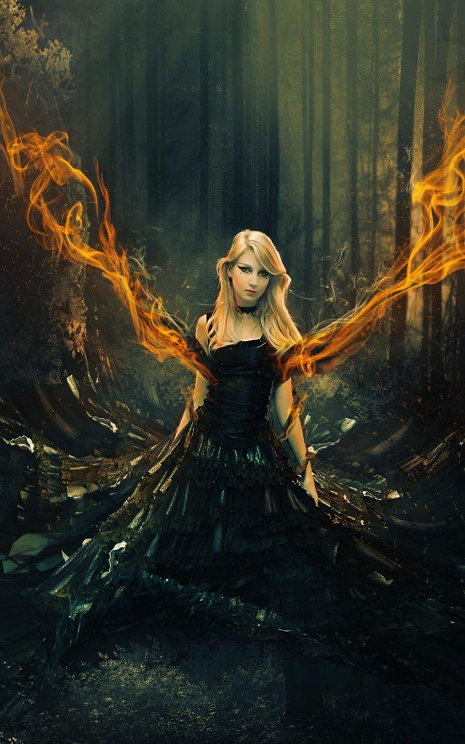 950x1520 Fantasy Girl Flame Forest Surreal HD Mobile Wallpaper Wallpaper 4k Phone