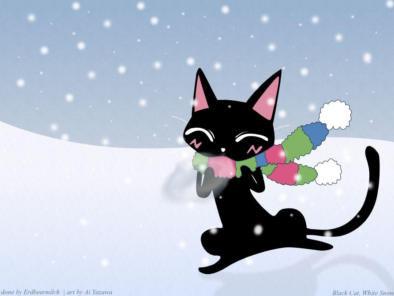 1280x960 Gokinjo Monogatari Wallpaper: Black Cat, White Snow