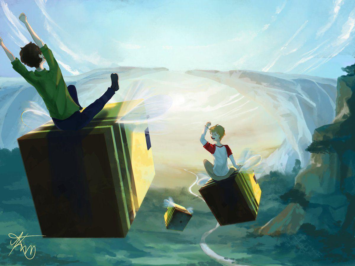 1200x900 kiwiest drew Tubbo and Tommy flying on big bees! :^D